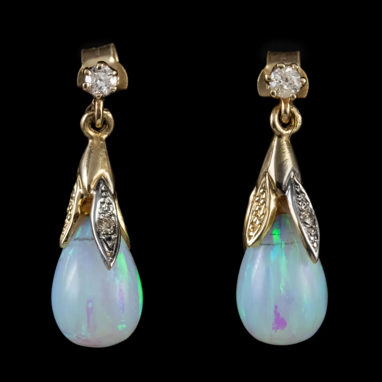 Opal Diamond Drop Earrings 9Ct Gold