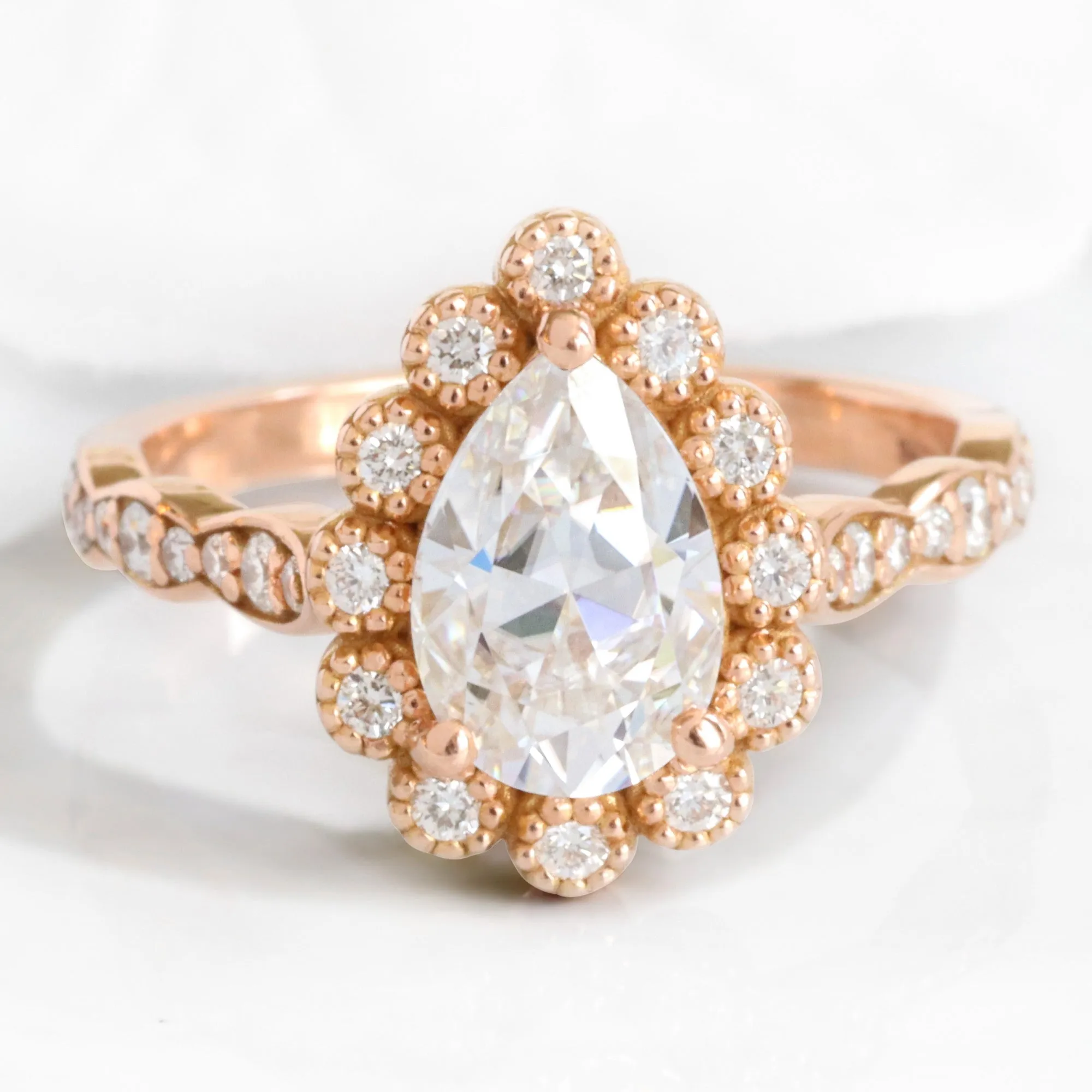 Pear Moissanite Diamond Ring in 14k Rose Gold Vintage Luna Halo, Size 6