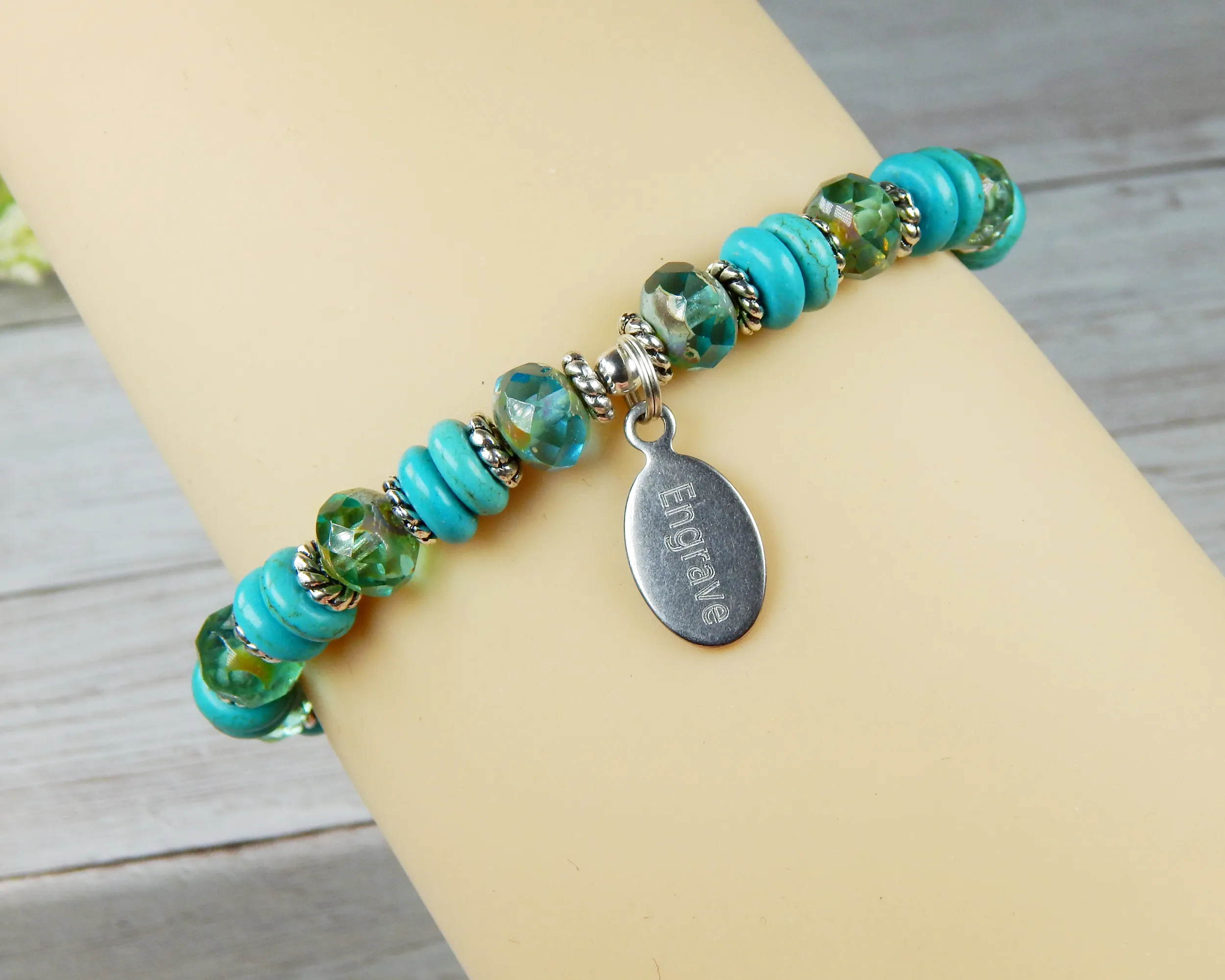 Personalized Women Bracelets - Beaded Turquoise Engraved Jewelry