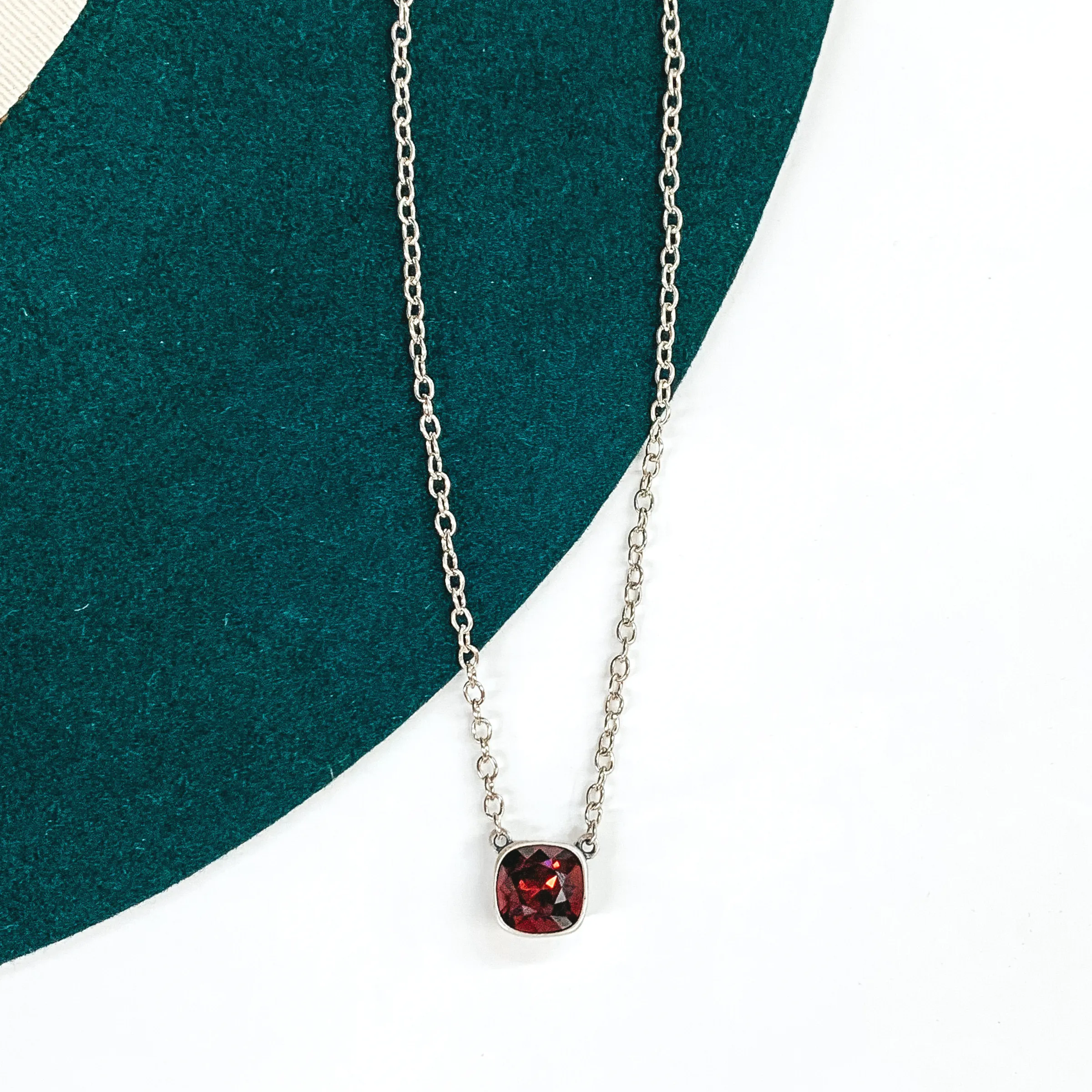 Pink Panache | Silver Chain Necklace with Cushion Cut Crystal in Maroon