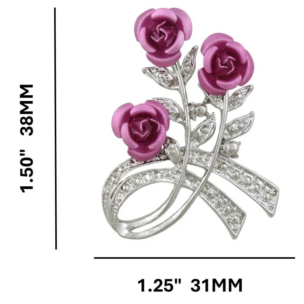 Pink Roses with Silver Crystal Leaves Flower Brooch Pin - PRL421S