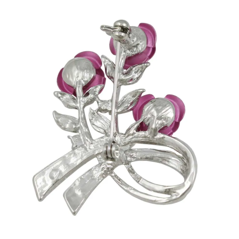 Pink Roses with Silver Crystal Leaves Flower Brooch Pin - PRL421S