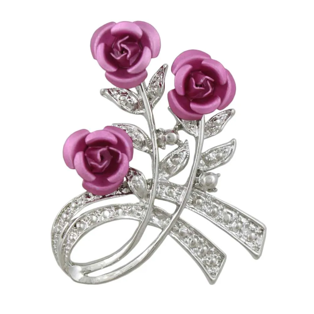 Pink Roses with Silver Crystal Leaves Flower Brooch Pin - PRL421S