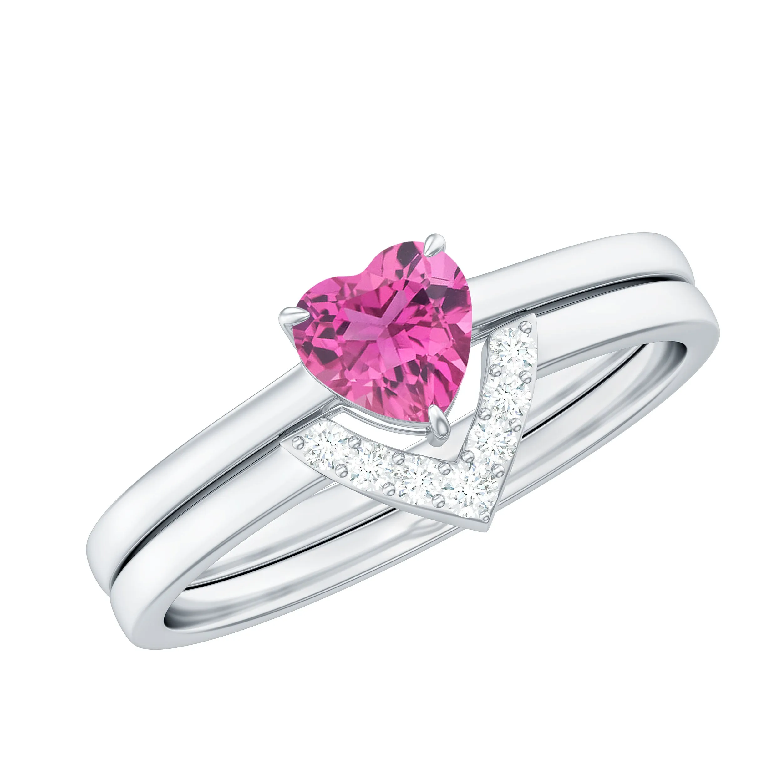 Pink Tourmaline Heart Ring Set with Diamond