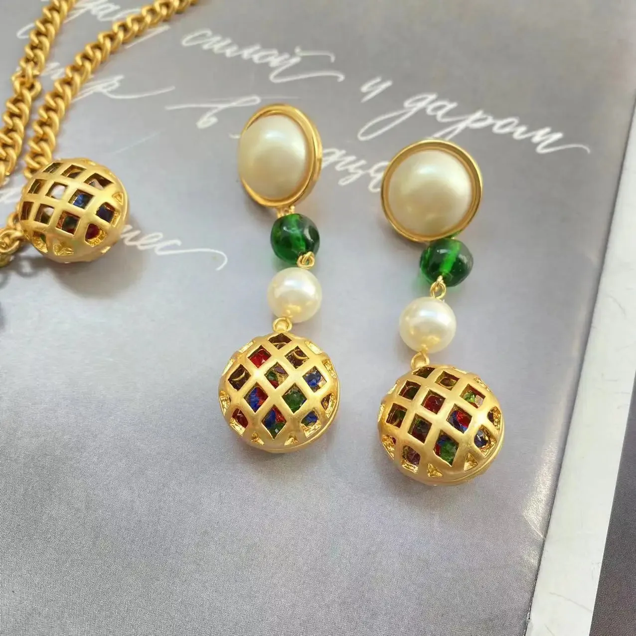 Pre Order:  Classic Glass Bird Cage Necklace   Pearl Earrings Set