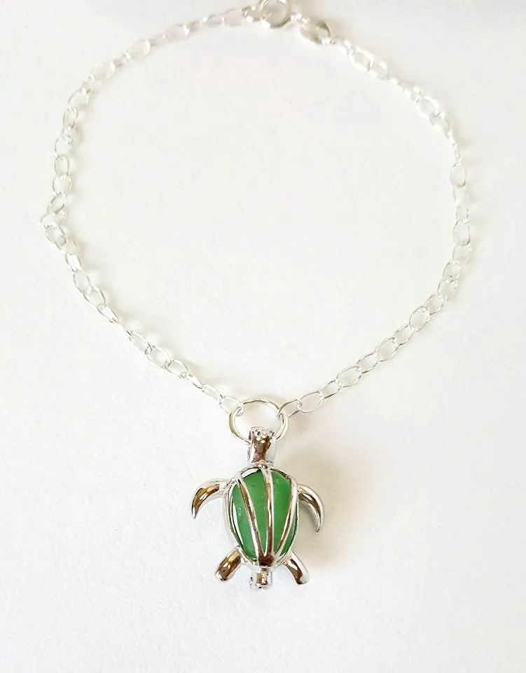 Real Sea Glass And Turtle Anklet In Green And Sterling Silver