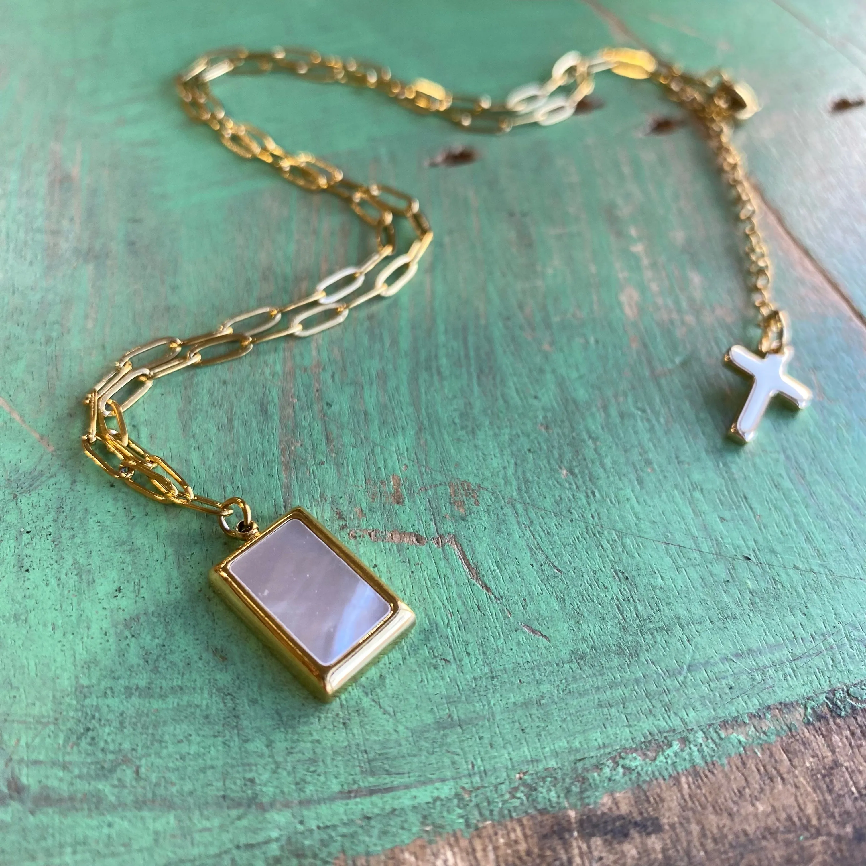 Rectangle Mother of Pearl Paperclip Necklace