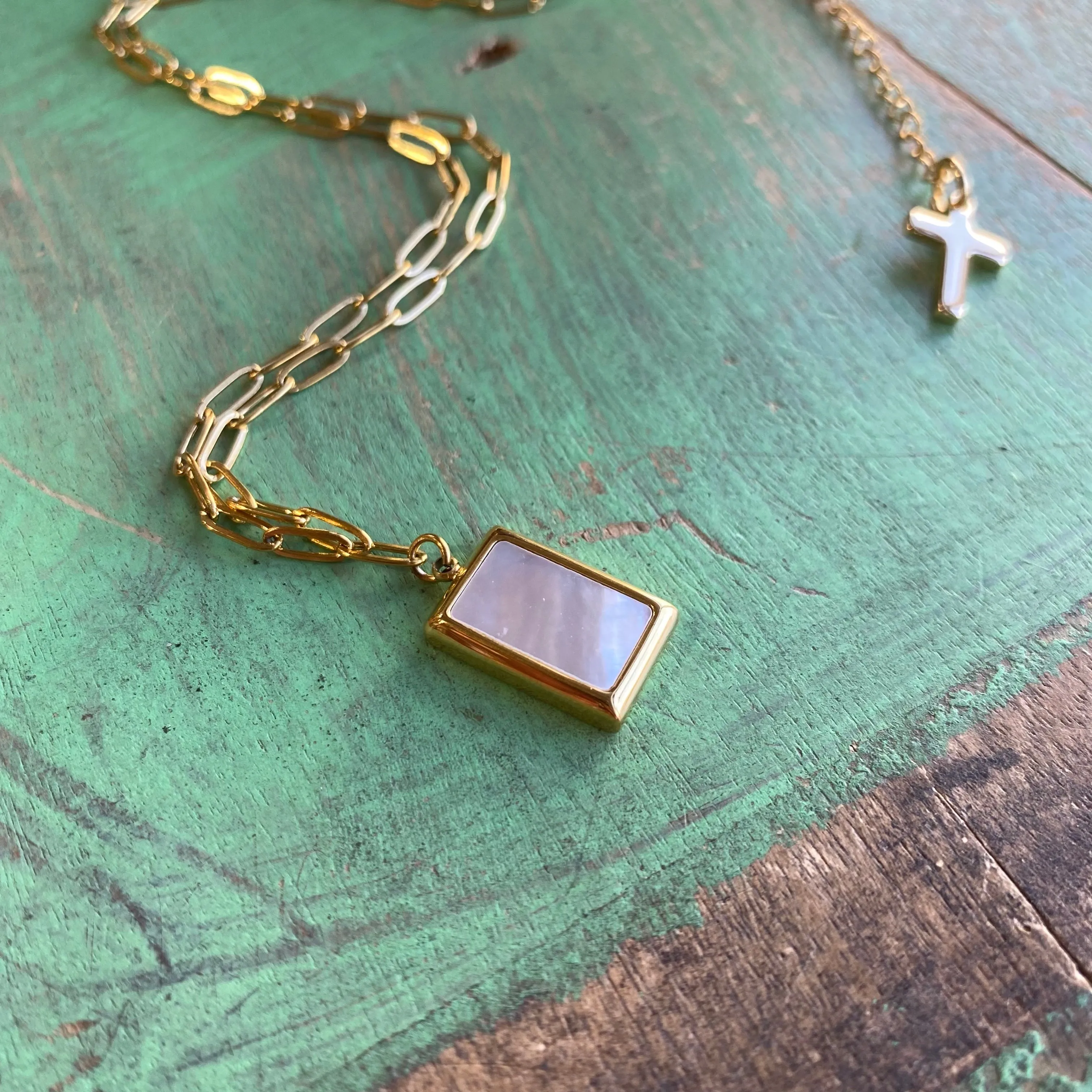 Rectangle Mother of Pearl Paperclip Necklace