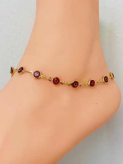 Red Evil Eye Anklet Bracelet 10" / 18K Gold Filled Anklet Bracelet / Womens Bracelet / Tobillera Mal de Ojo / Pulsera de Pie Mal de Ojo en Oro Laminado / Evil Eye Bracelet