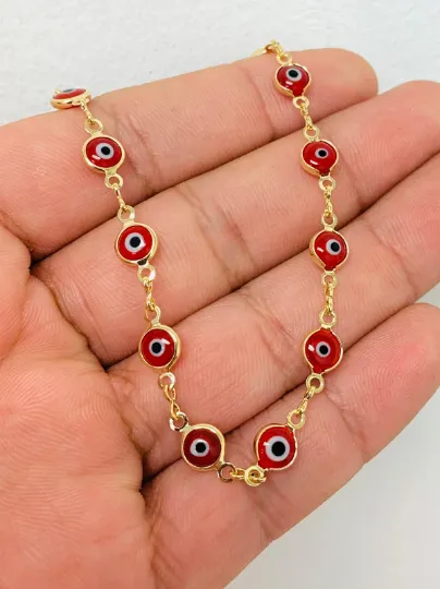 Red Evil Eye Anklet Bracelet 10" / 18K Gold Filled Anklet Bracelet / Womens Bracelet / Tobillera Mal de Ojo / Pulsera de Pie Mal de Ojo en Oro Laminado / Evil Eye Bracelet