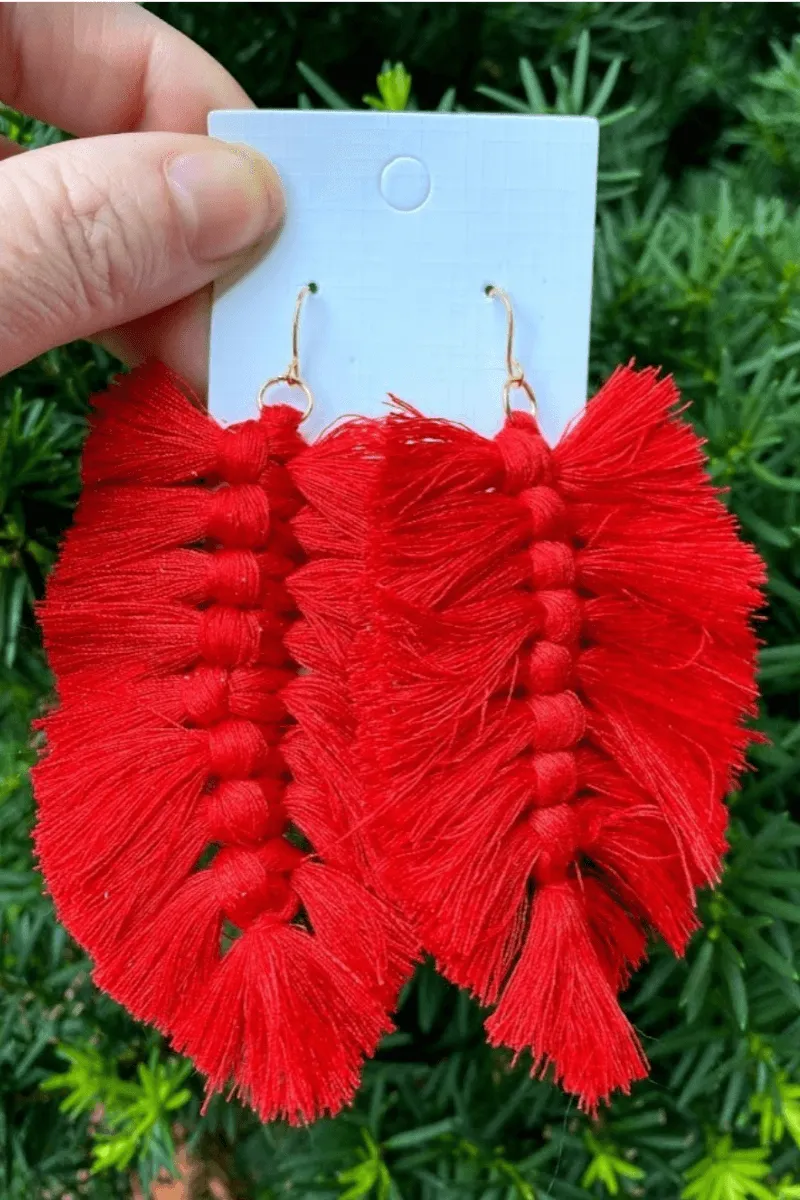 Red Macrame Leaf Earrings