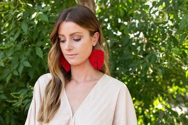 Red Macrame Leaf Earrings