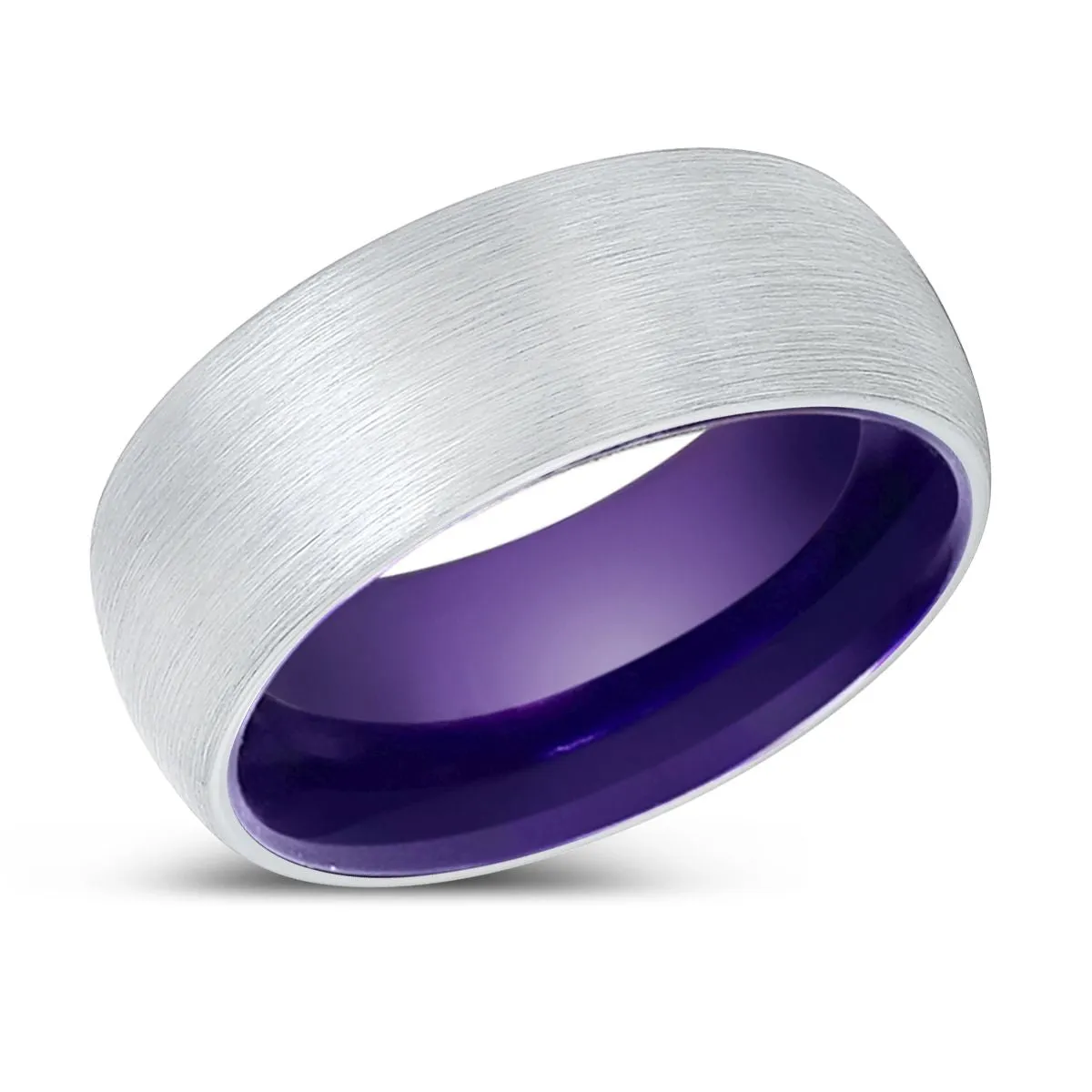 REVEREND | Purple Ring, White Tungsten Ring, Brushed, Domed