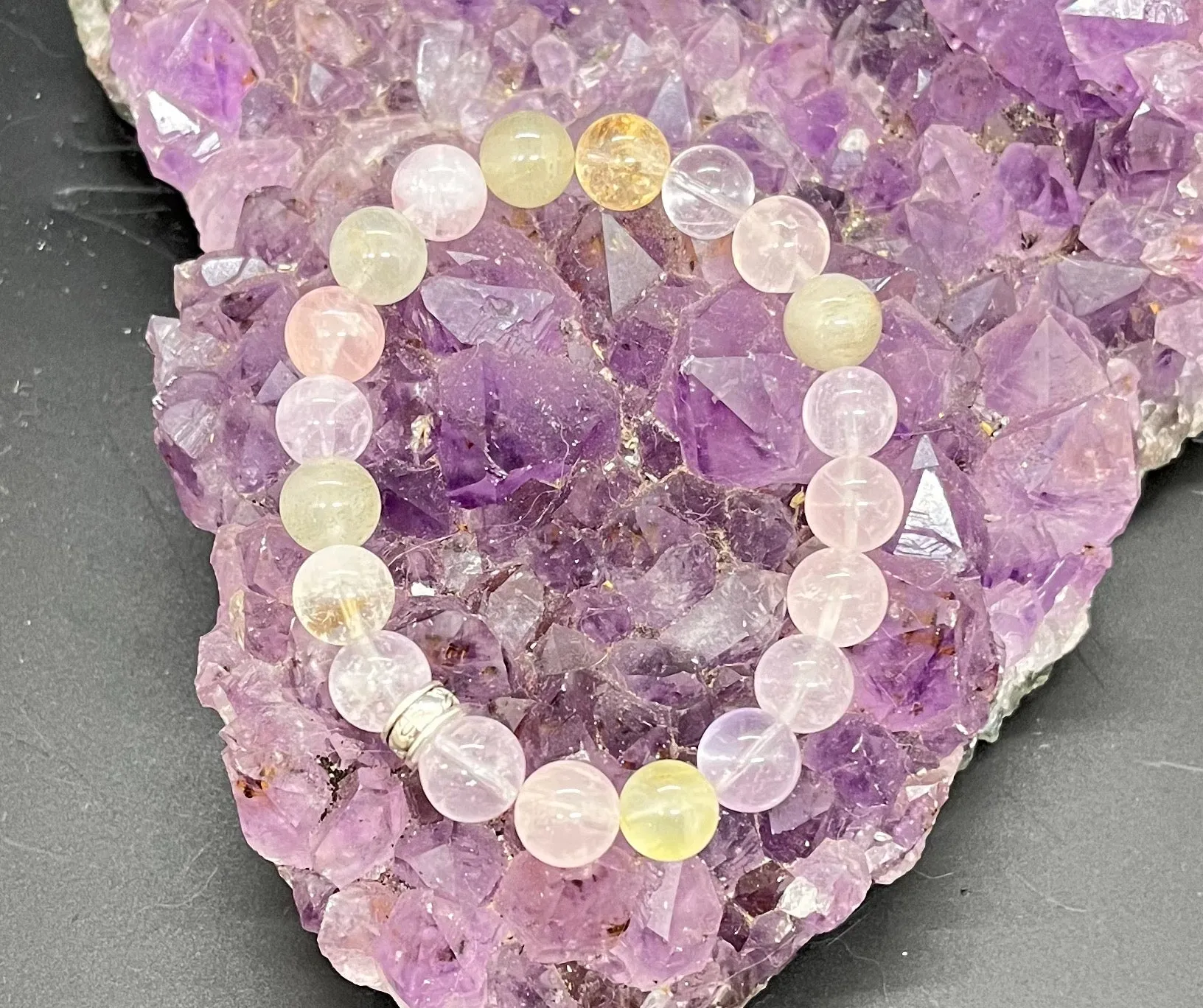 Rose Quartz, Amethyst, Citrine and Prehnite 10mm Stretchy Bracelet