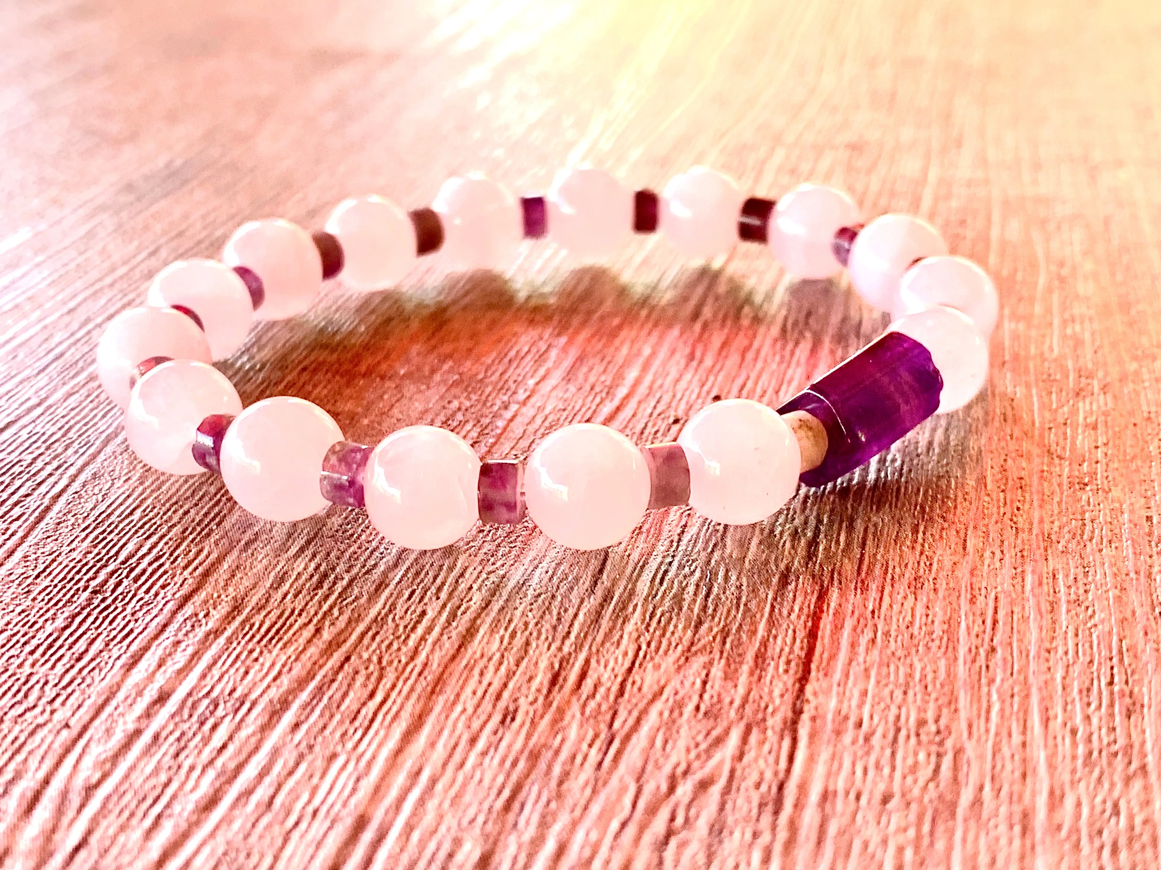 Rosie Handmade Rose Quartz and Amethyst Expandable Bracelet