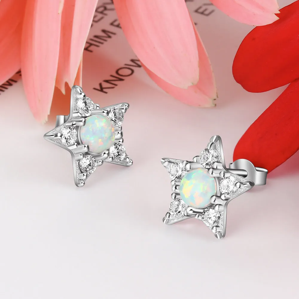 Round Opal Zircon Star Sterling Silver Stud Earrings