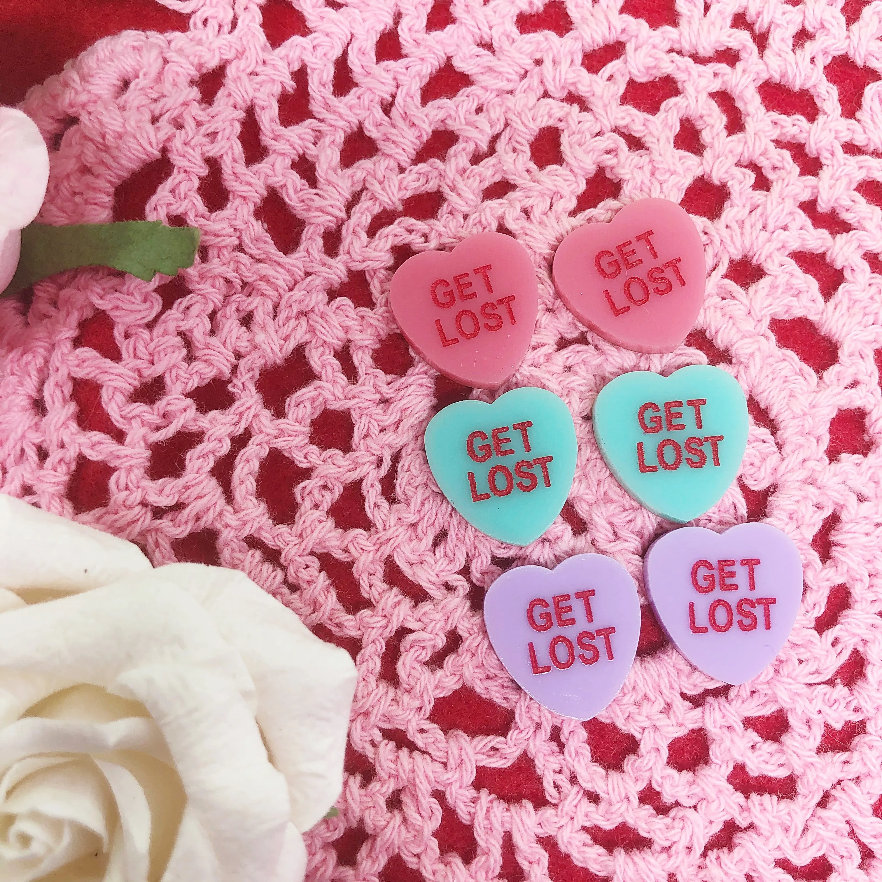 Sassy Conversation Hearts GET LOST Stud Earrings