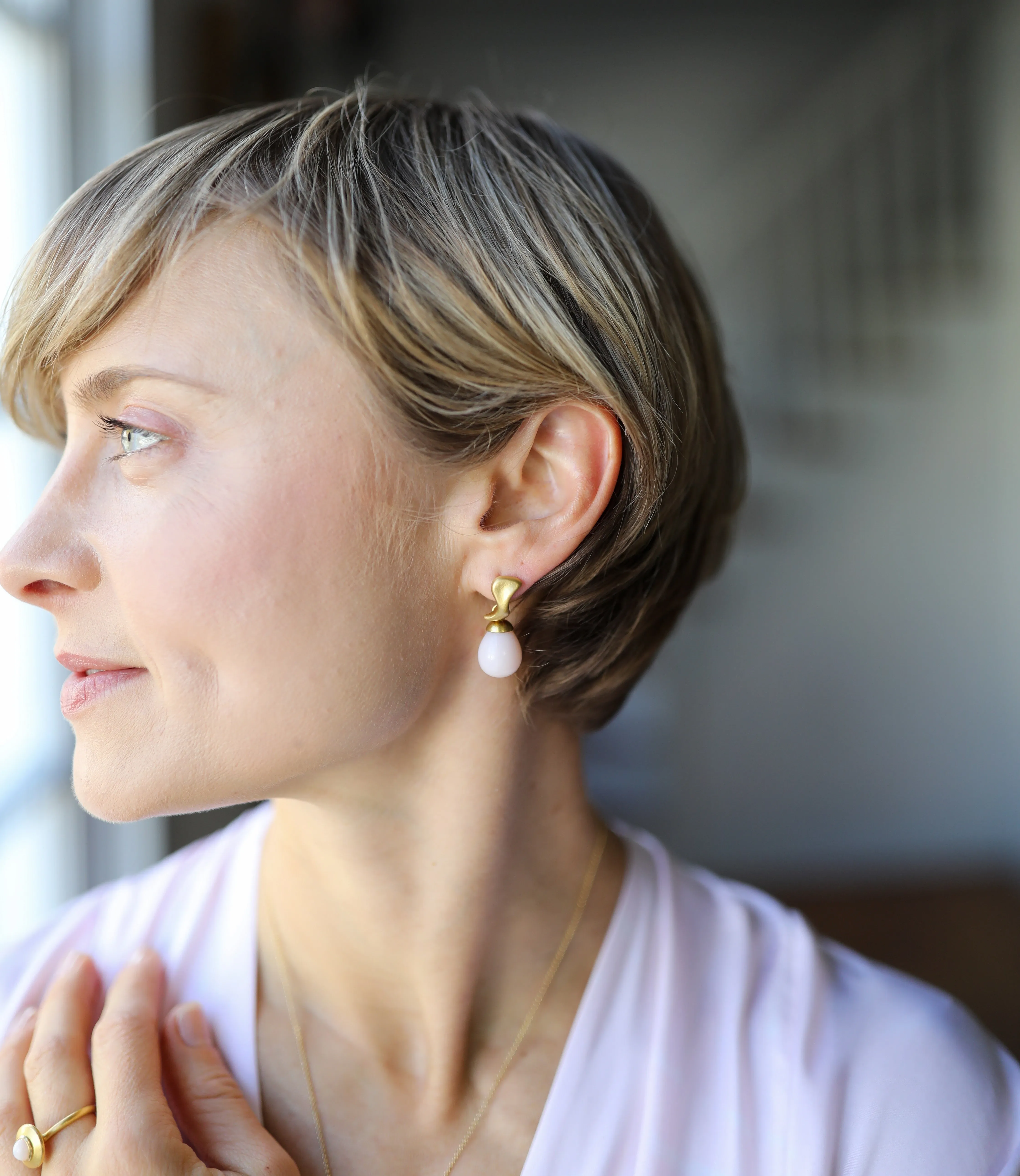 Sculptural Pink Opal Post Earrings