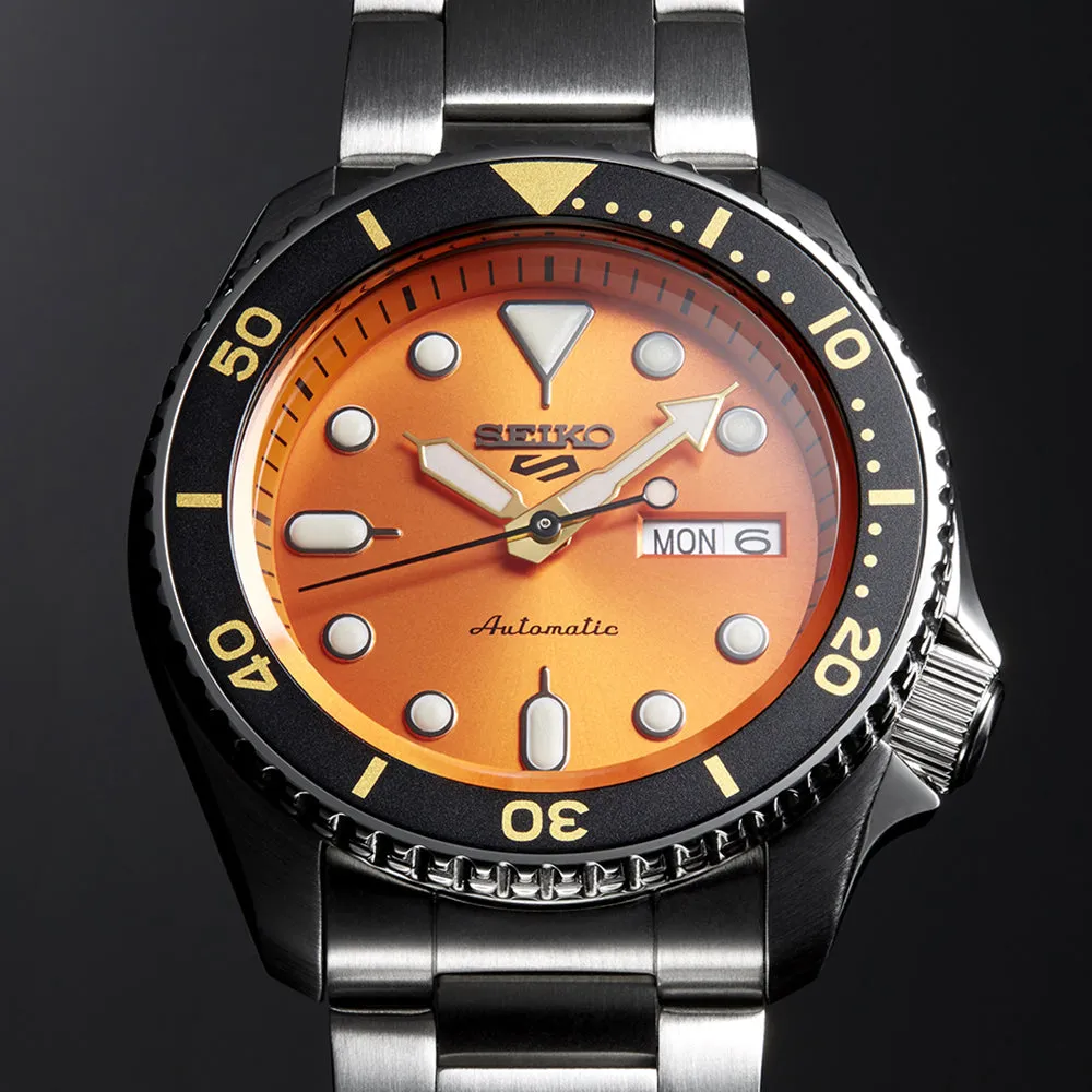 Seiko 5 Sports SRPD59 Automatic 10 ATM Water Resistant 42.5mm Orange Sunray Dial with Gold and Black accents Men's Watch