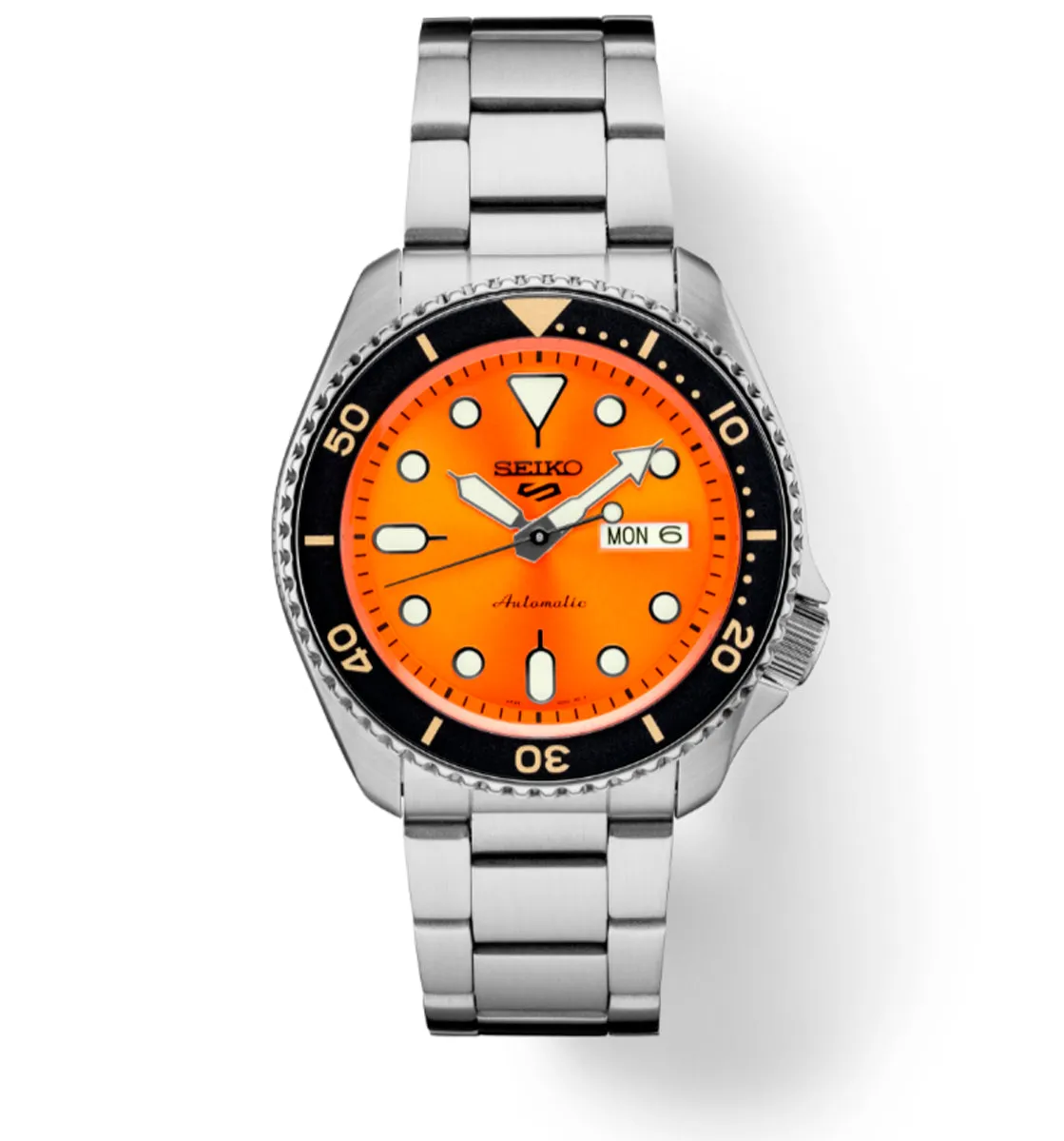 Seiko 5 Sports SRPD59 Automatic 10 ATM Water Resistant 42.5mm Orange Sunray Dial with Gold and Black accents Men's Watch