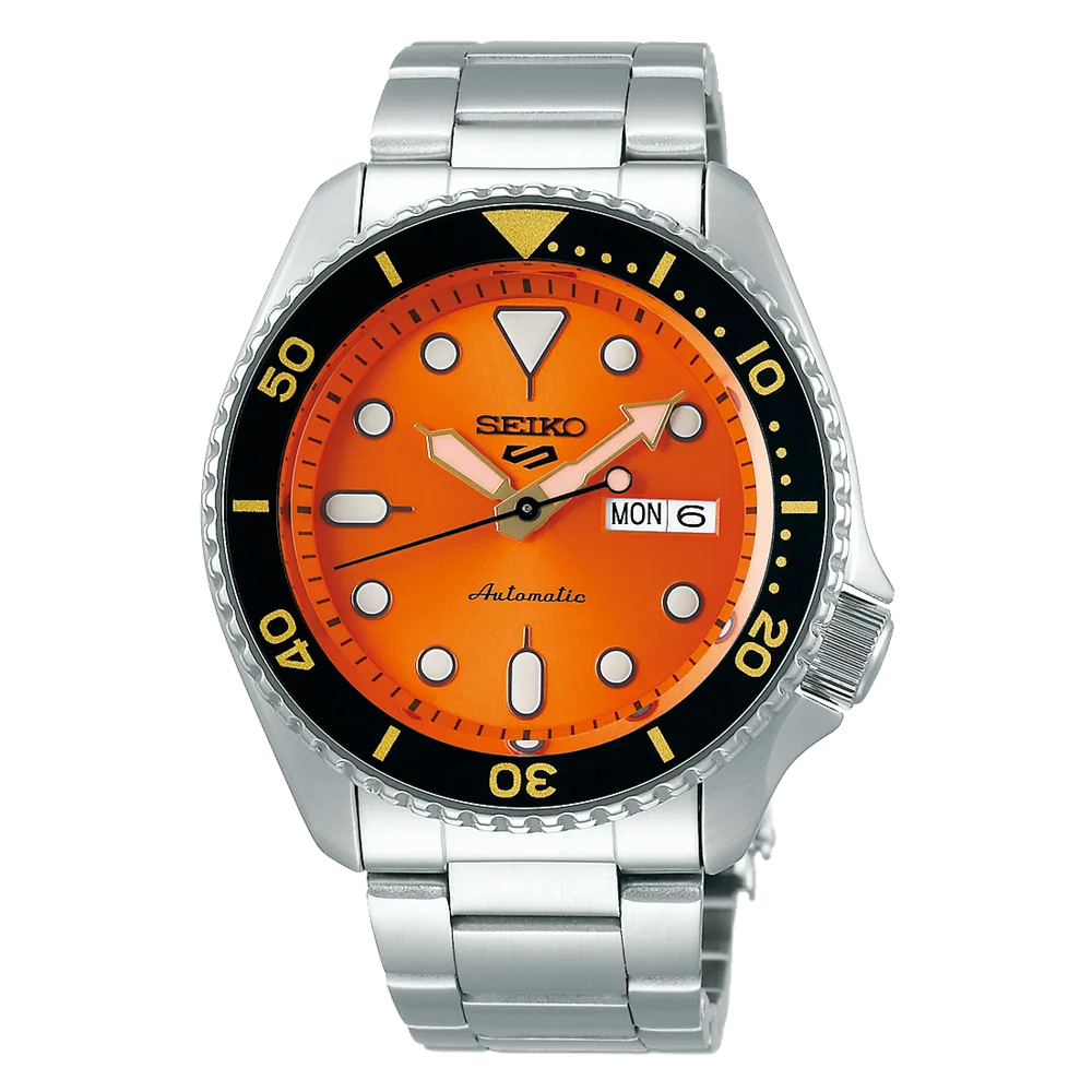 Seiko 5 Sports SRPD59 Automatic 10 ATM Water Resistant 42.5mm Orange Sunray Dial with Gold and Black accents Men's Watch