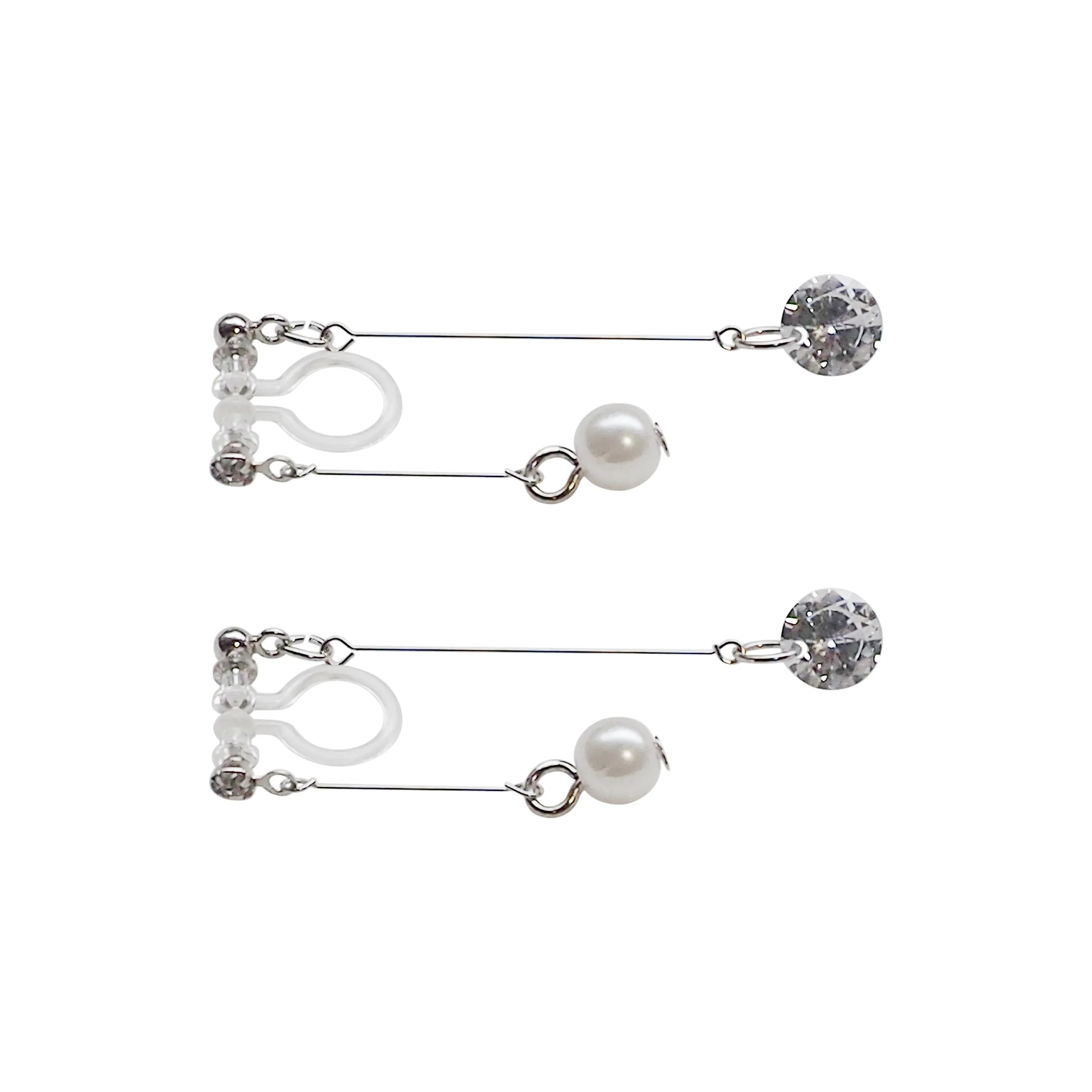 Silver double sided pearl & cubic zirconia crystal dangle invisible clip on earrings