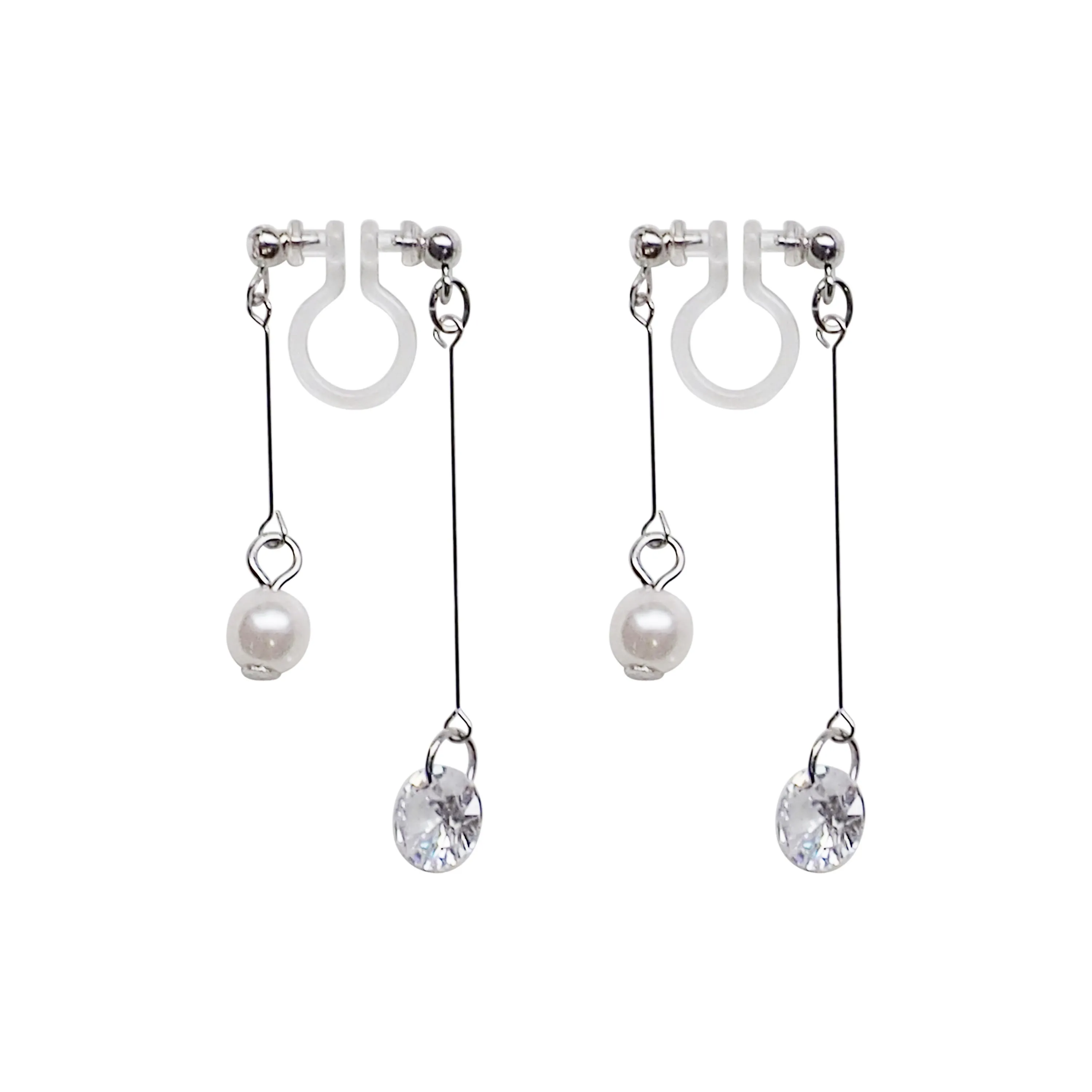 Silver double sided pearl & cubic zirconia crystal dangle invisible clip on earrings