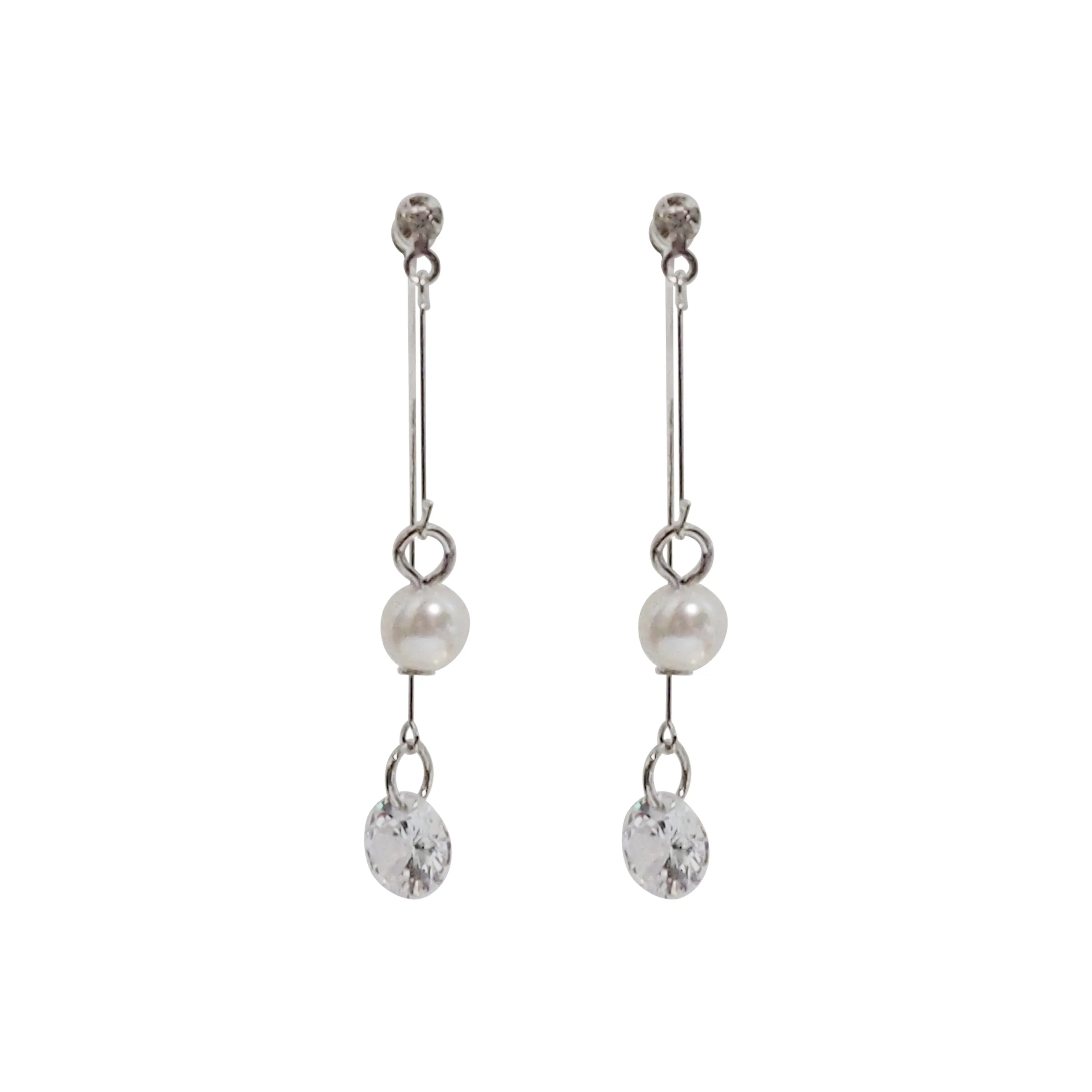 Silver double sided pearl & cubic zirconia crystal dangle invisible clip on earrings