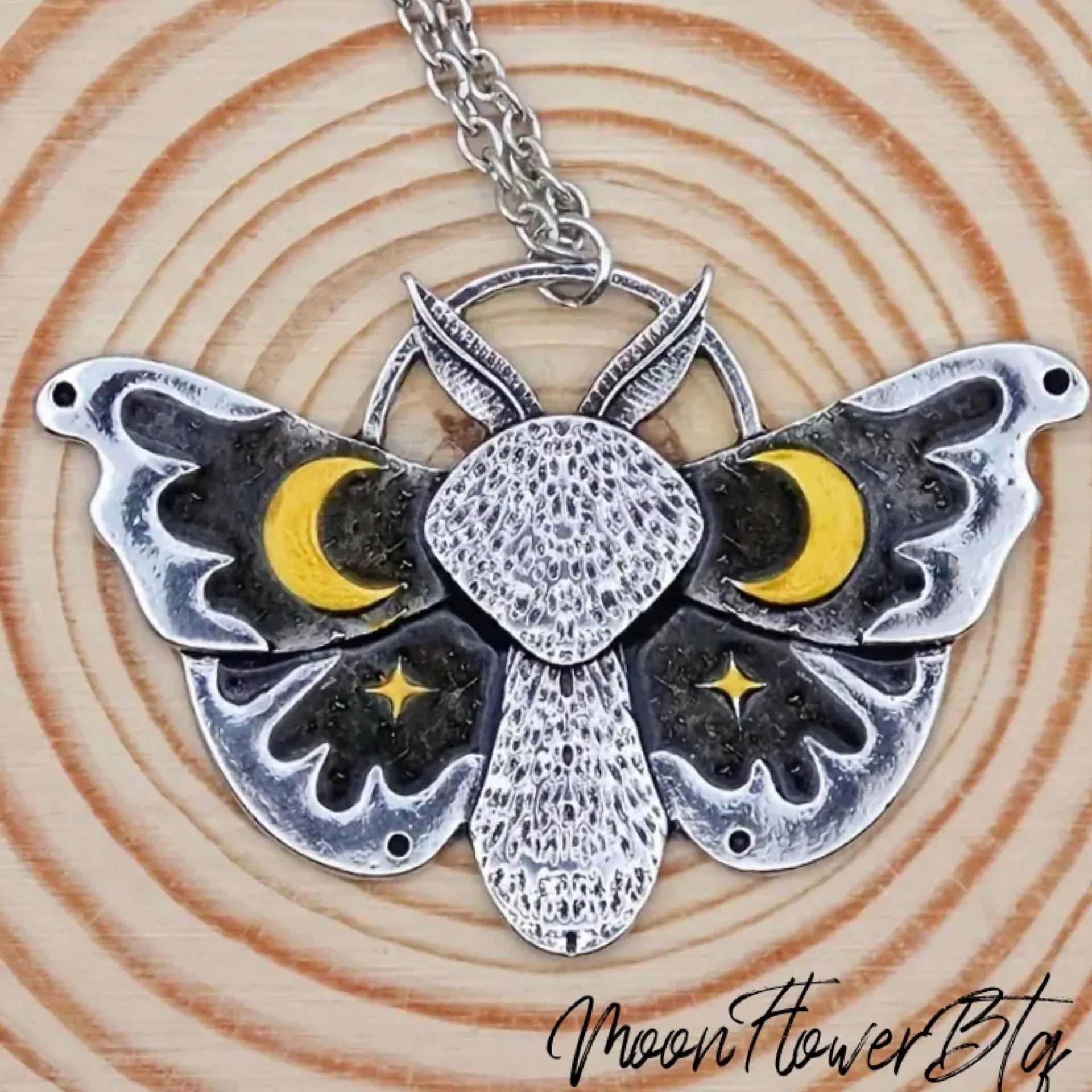 Silver Goth Moth Moon Star Pendant Necklace