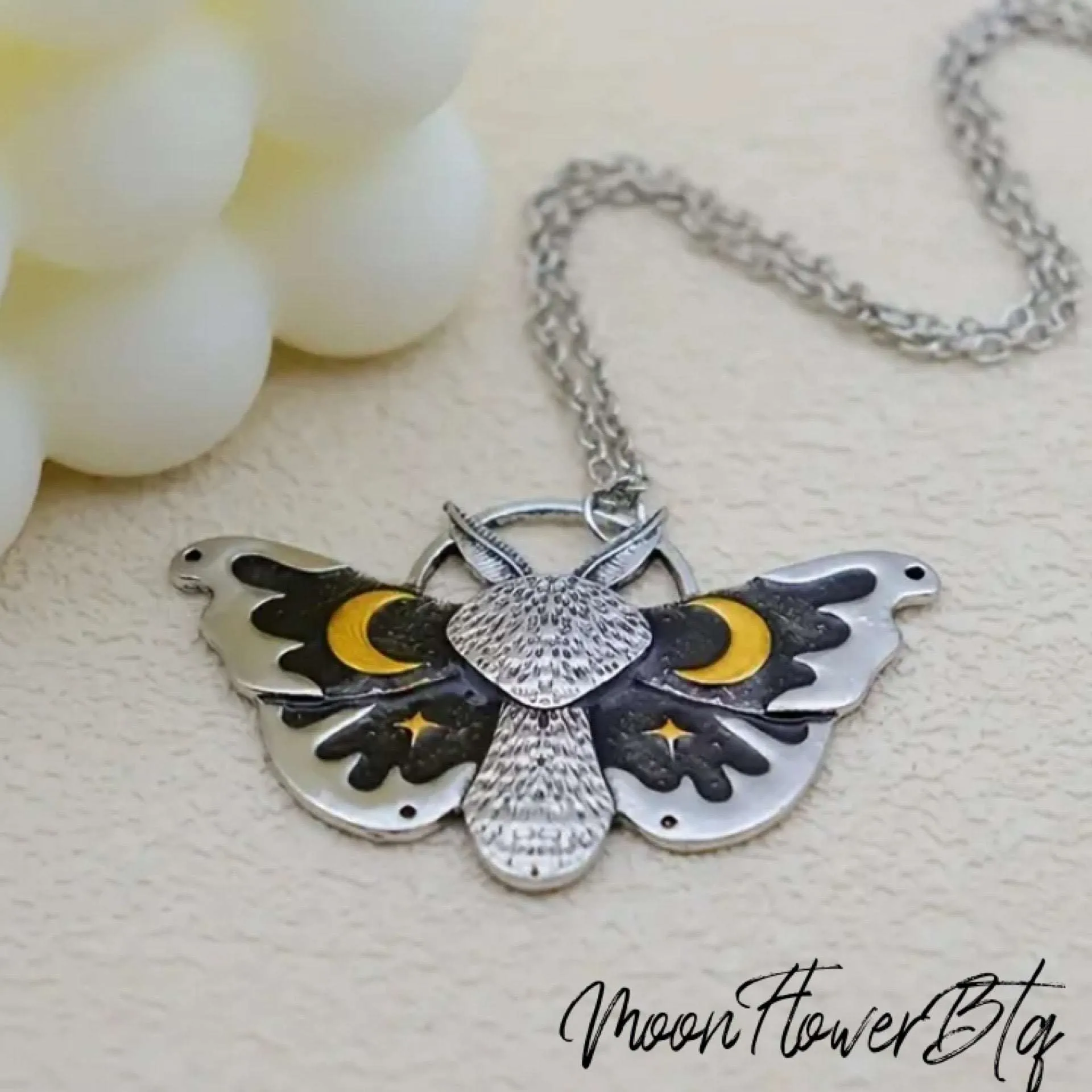 Silver Goth Moth Moon Star Pendant Necklace