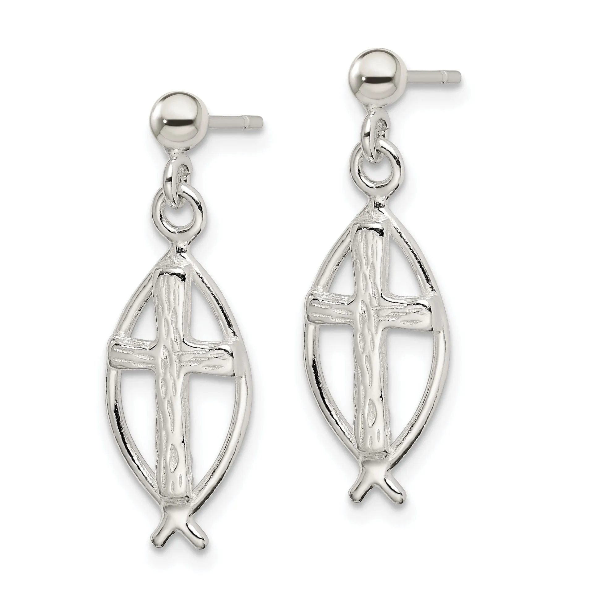 Silver Ichthus (Fish) Inset Cross Earrings