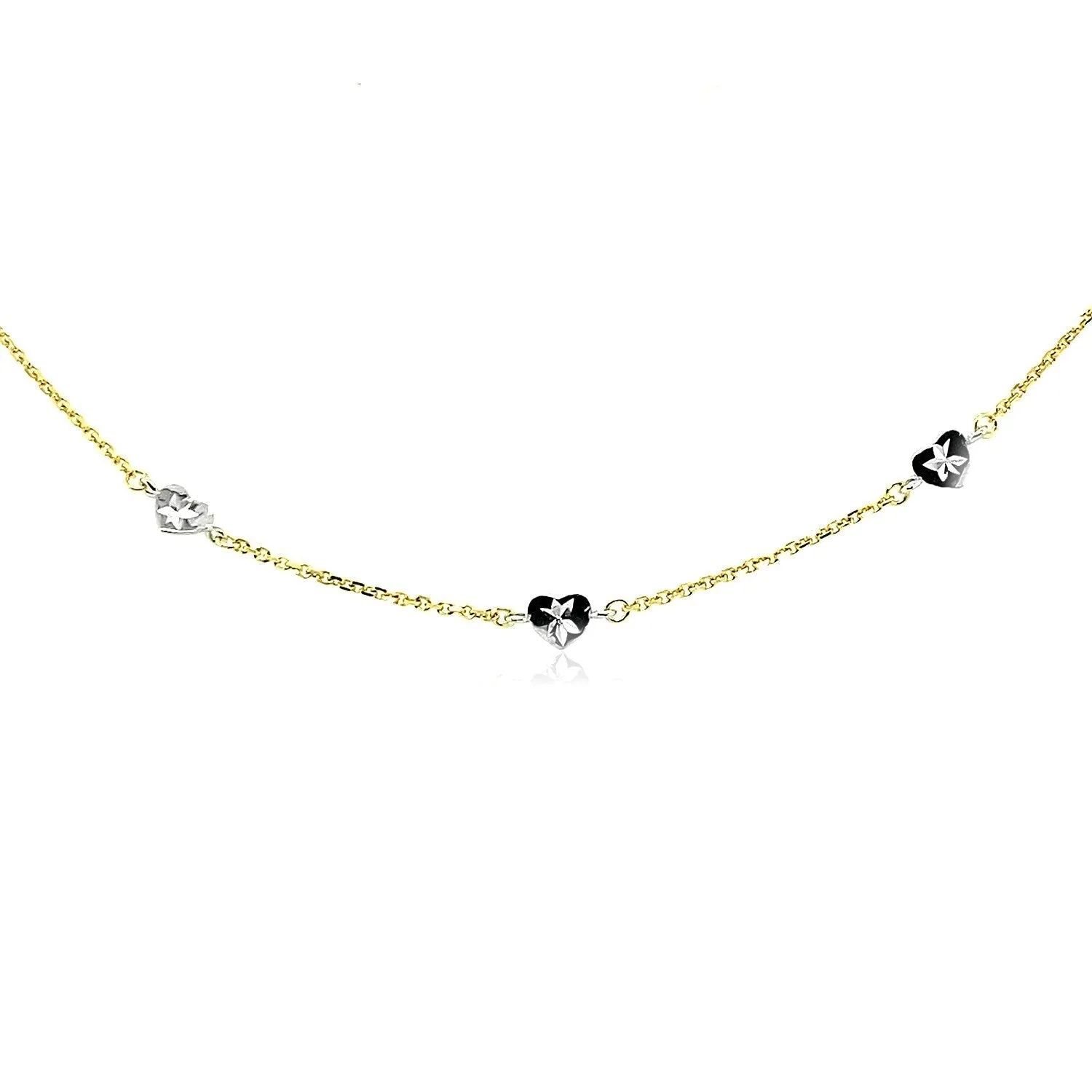 Size: 10'' - 14k Two Tone Gold Anklet with Diamond Cut Heart Style Stations