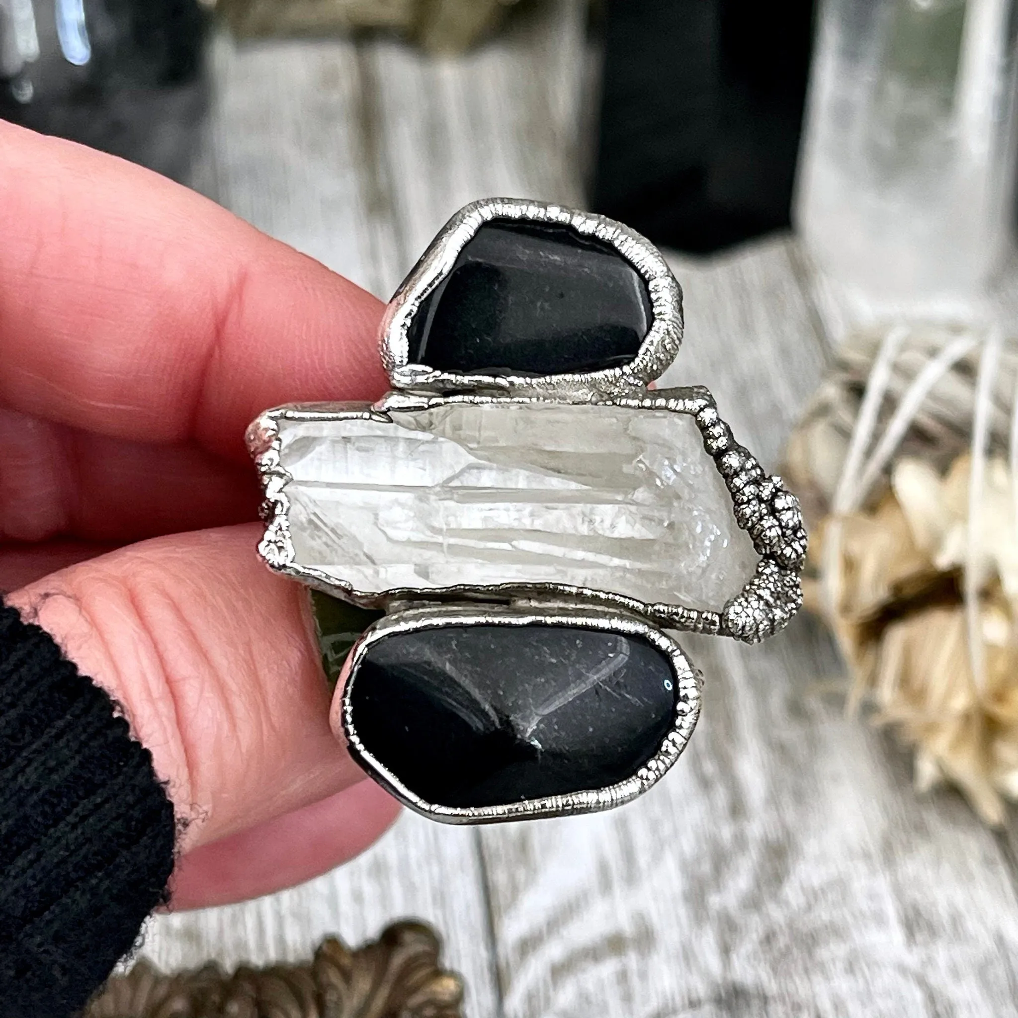 Size 10 Crystal Ring - Three Stone Ring Black Onyx Raw Clear Quartz Ring Silver / Foxlark Collection - One of a Kind