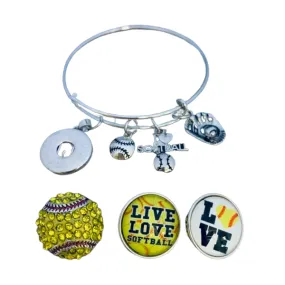 Softball Interchangeable Snap Charm Bangle Bracelet