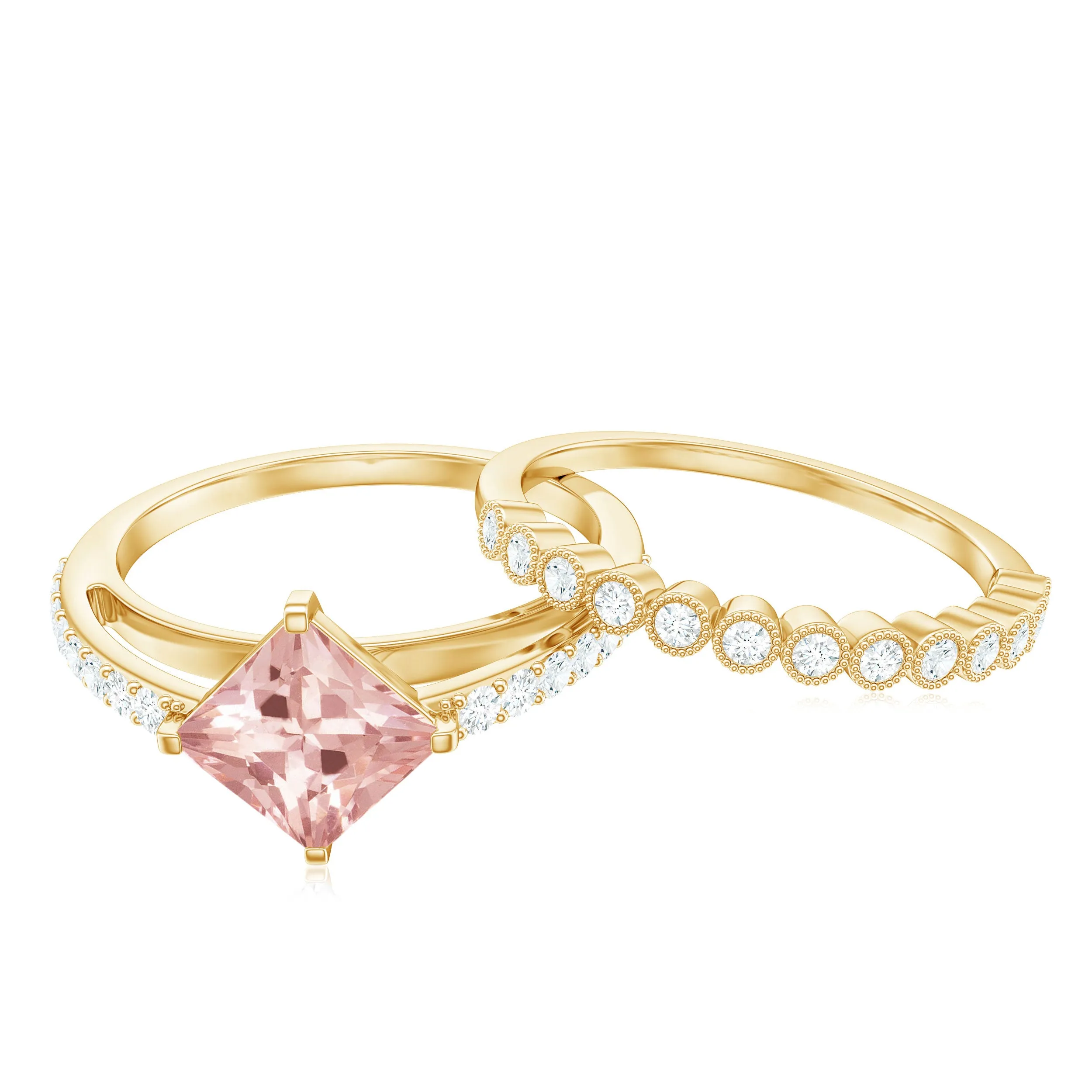 Solitaire Morganite and Diamond Ring Set