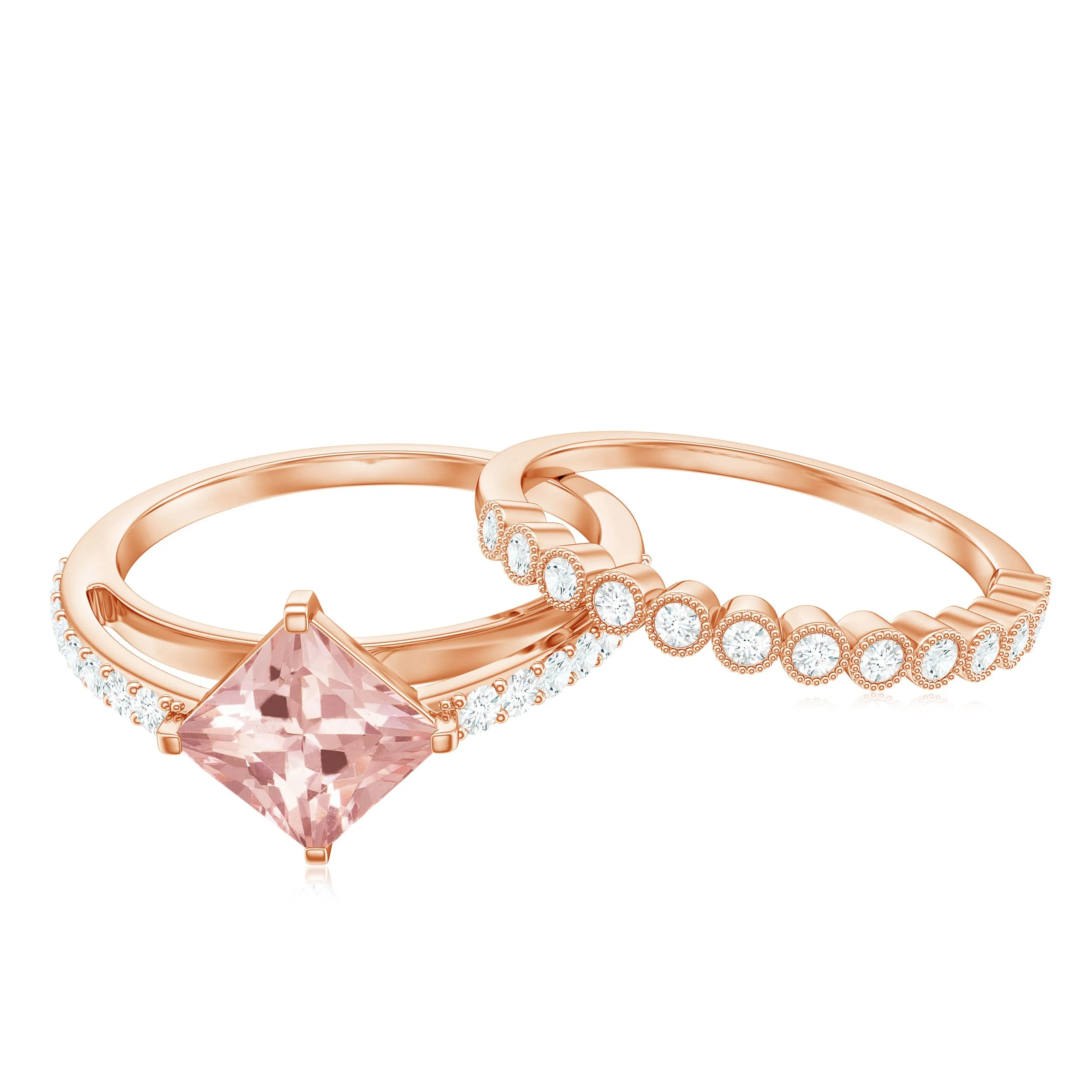 Solitaire Morganite and Diamond Ring Set