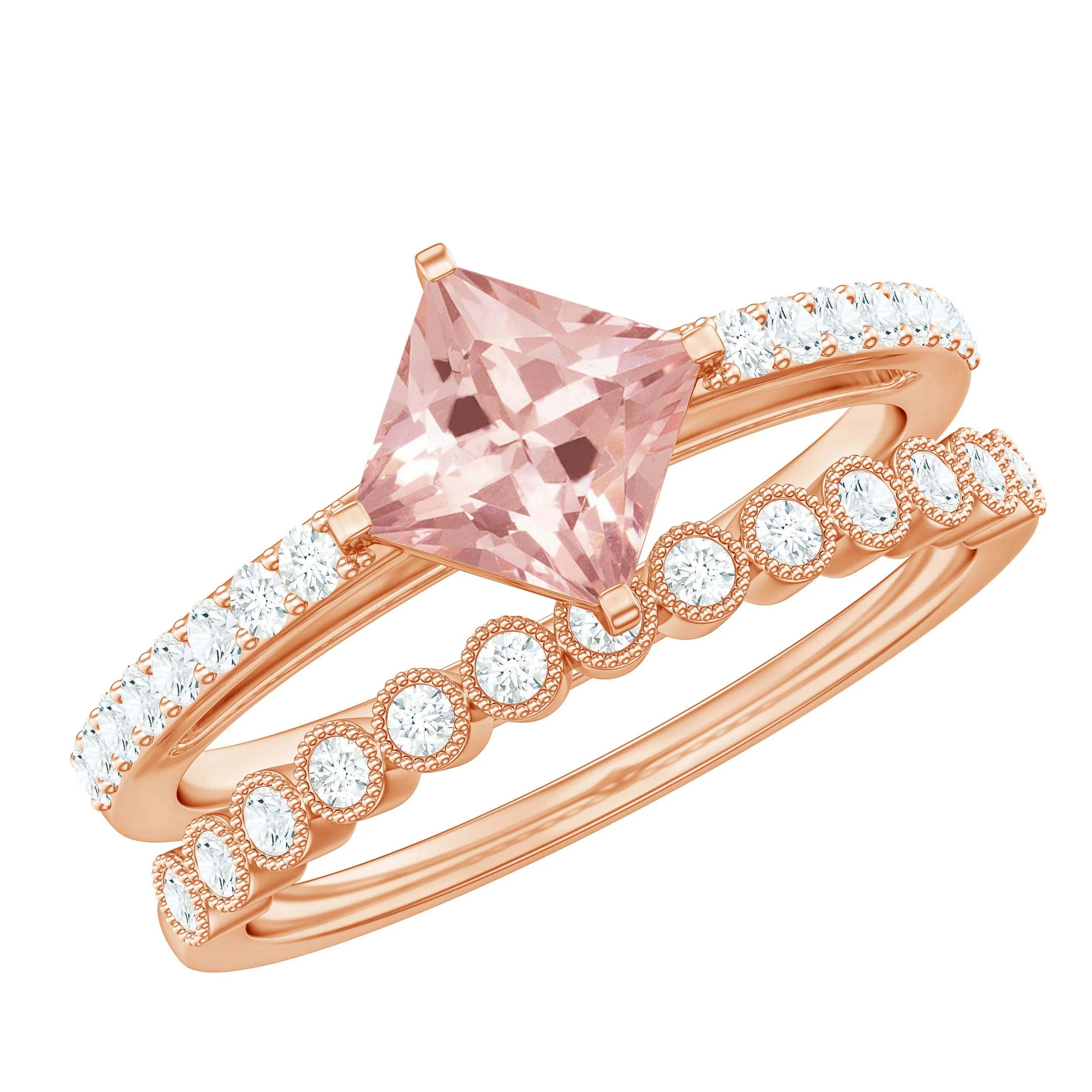 Solitaire Morganite and Diamond Ring Set