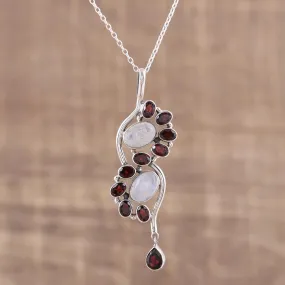 Sparkling Spiral Garnet and Rainbow Moonstone Pendant Necklace from India