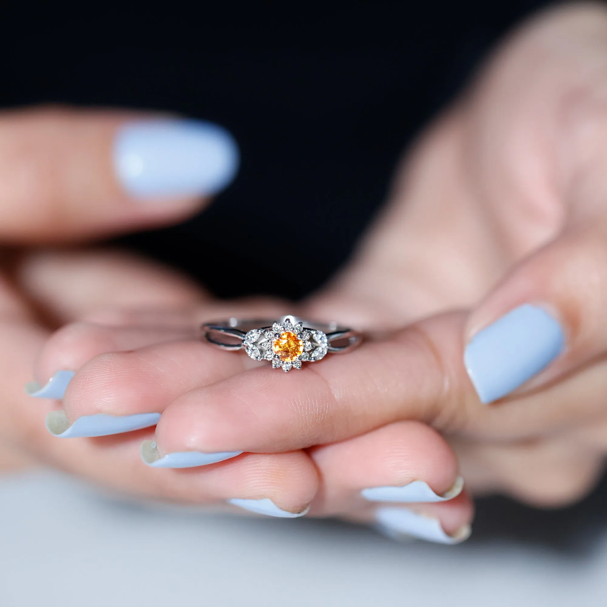 Split Shank Orange Sapphire Flower Engagement Ring with Diamond