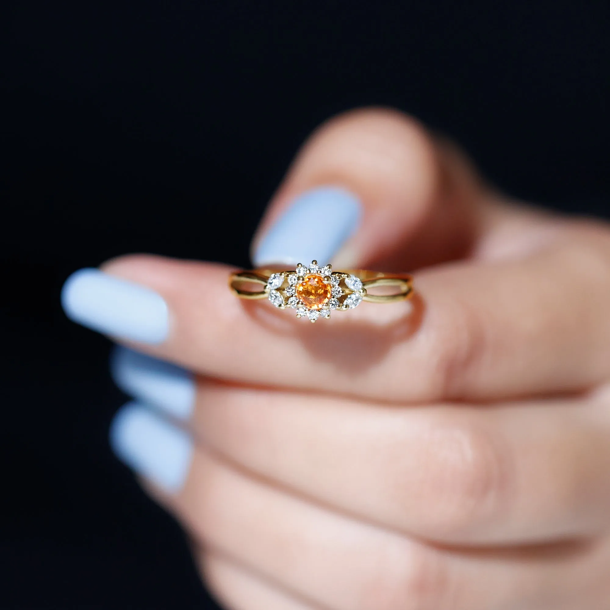 Split Shank Orange Sapphire Flower Engagement Ring with Diamond