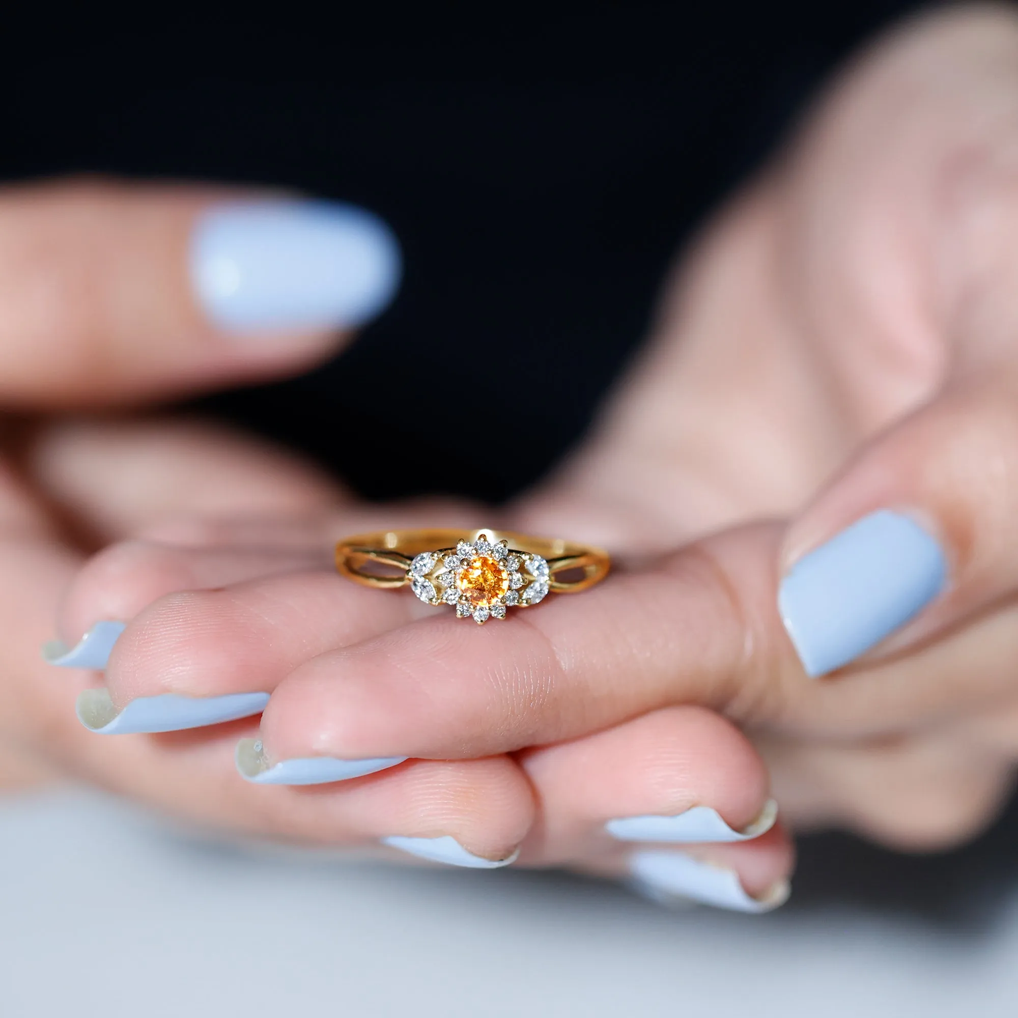 Split Shank Orange Sapphire Flower Engagement Ring with Diamond