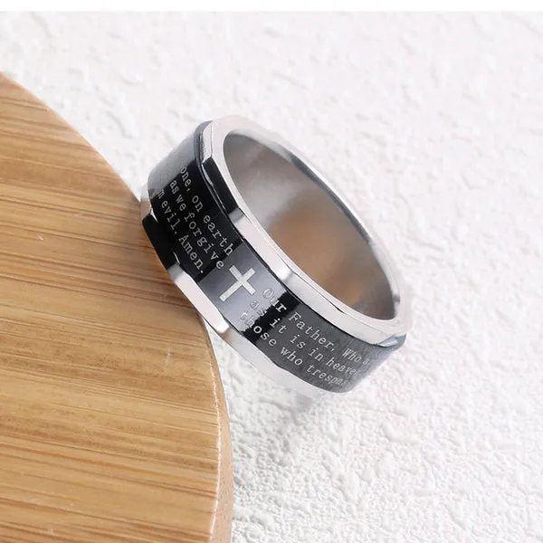 Stainless Steel Cross Lord's Prayer SPINNER Band Ring