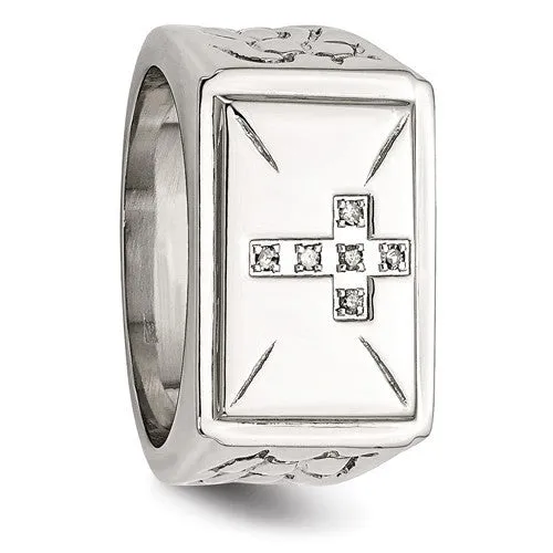 Stainless Steel Diamond Cross With Textured Sides Ring