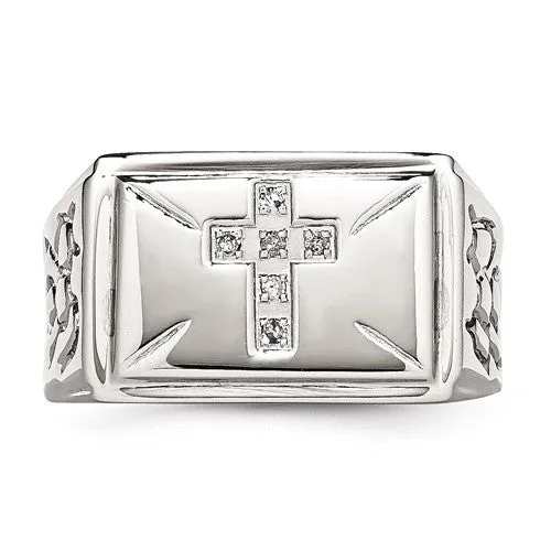 Stainless Steel Diamond Cross With Textured Sides Ring