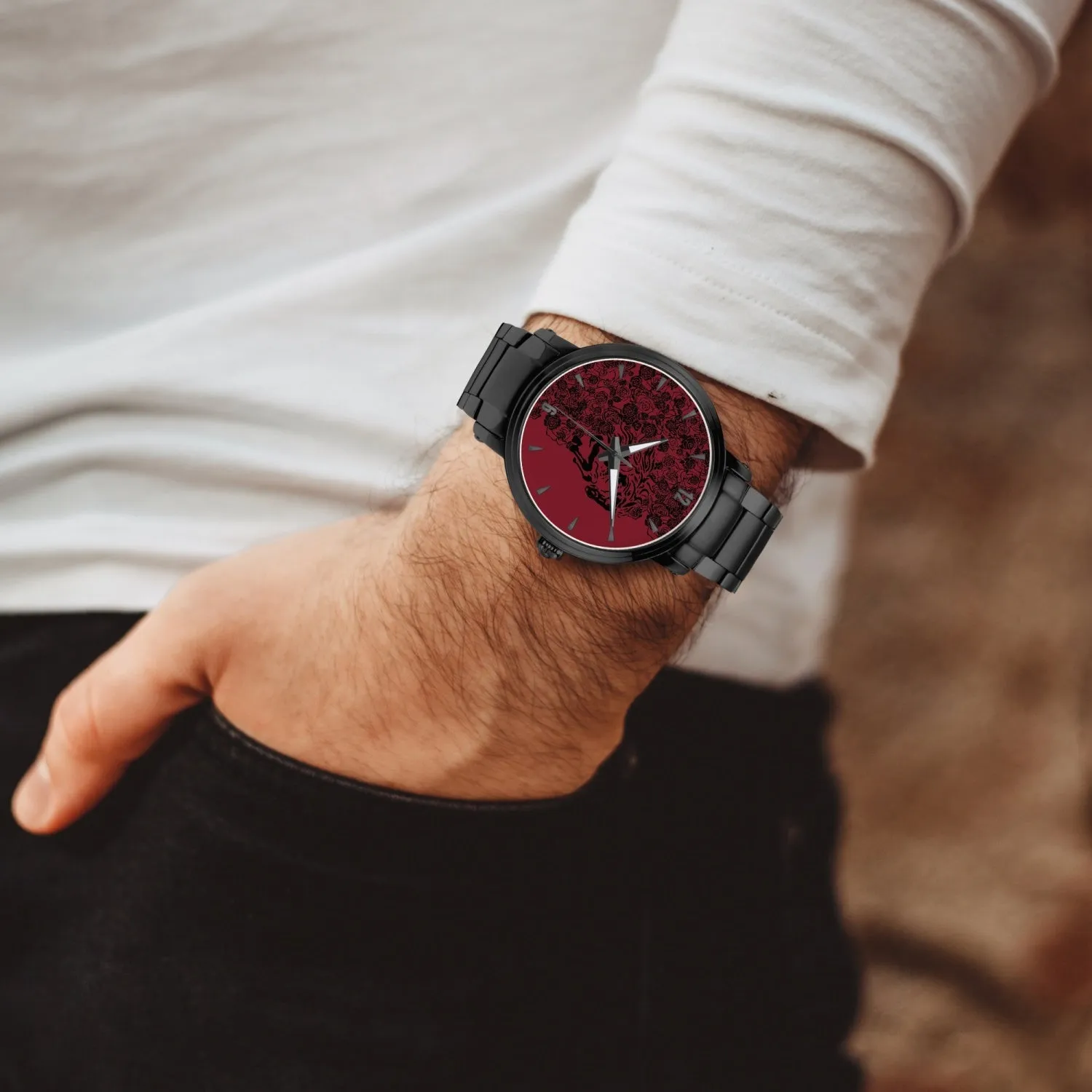 Stainless Steel Strap Automatic Watch [Mens] - Crimson BG_Black Roses