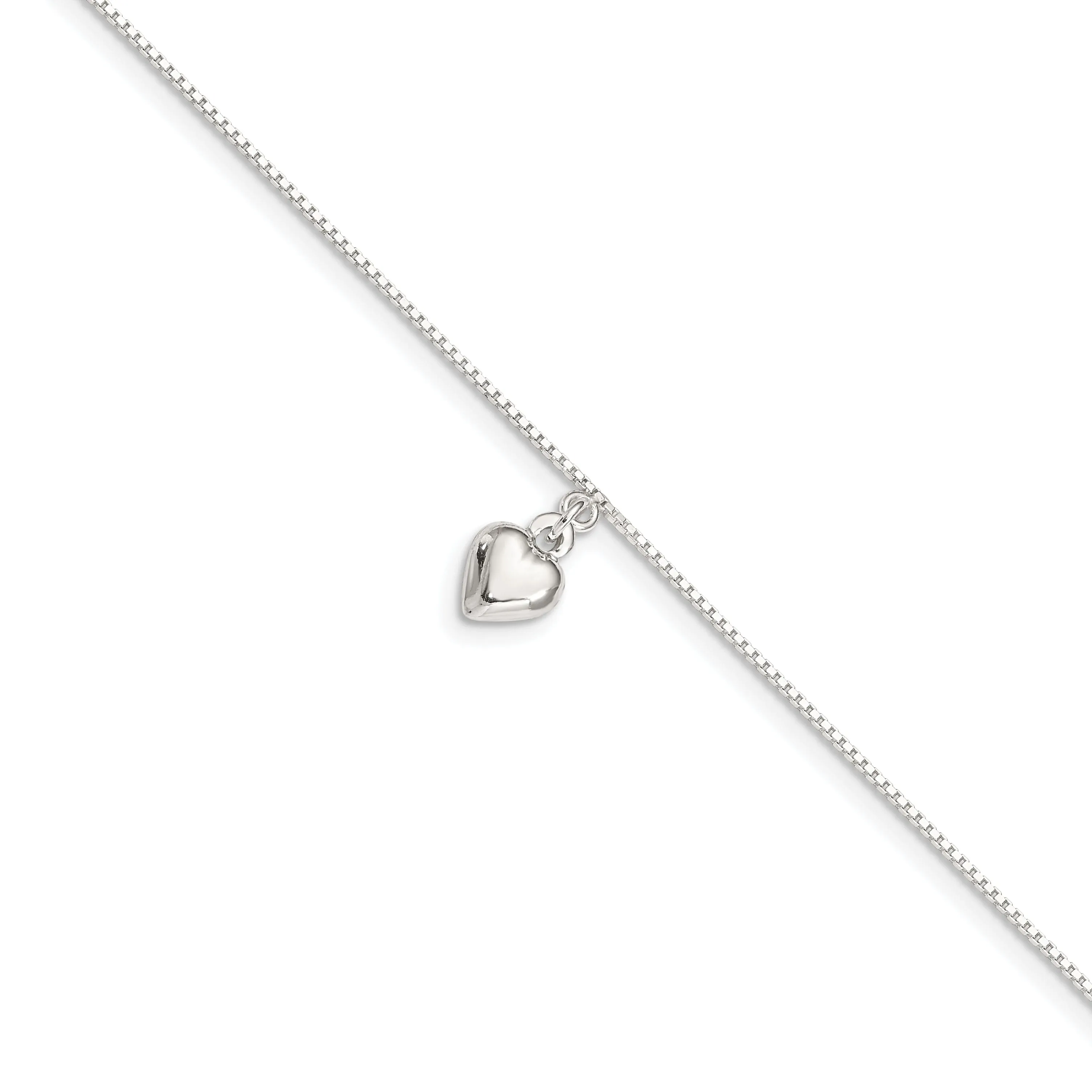 Sterling Silver 10inch 3-D Puffed Heart Anklet