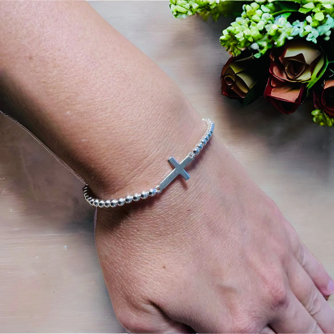 Sterling Silver Ball & Cross Bracelet