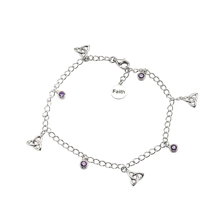 Sterling Silver Celtic Trinity Knot Amethyst Charm Bracelet