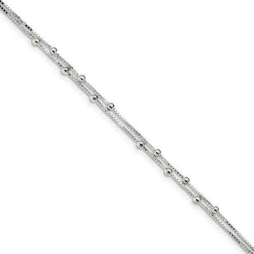 Sterling Silver Double Strand 9" Beaded Box Chain Anklet