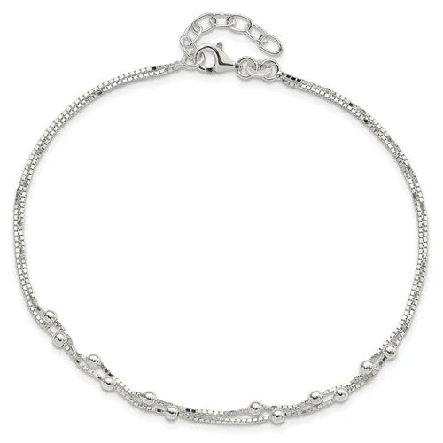 Sterling Silver Double Strand 9" Beaded Box Chain Anklet